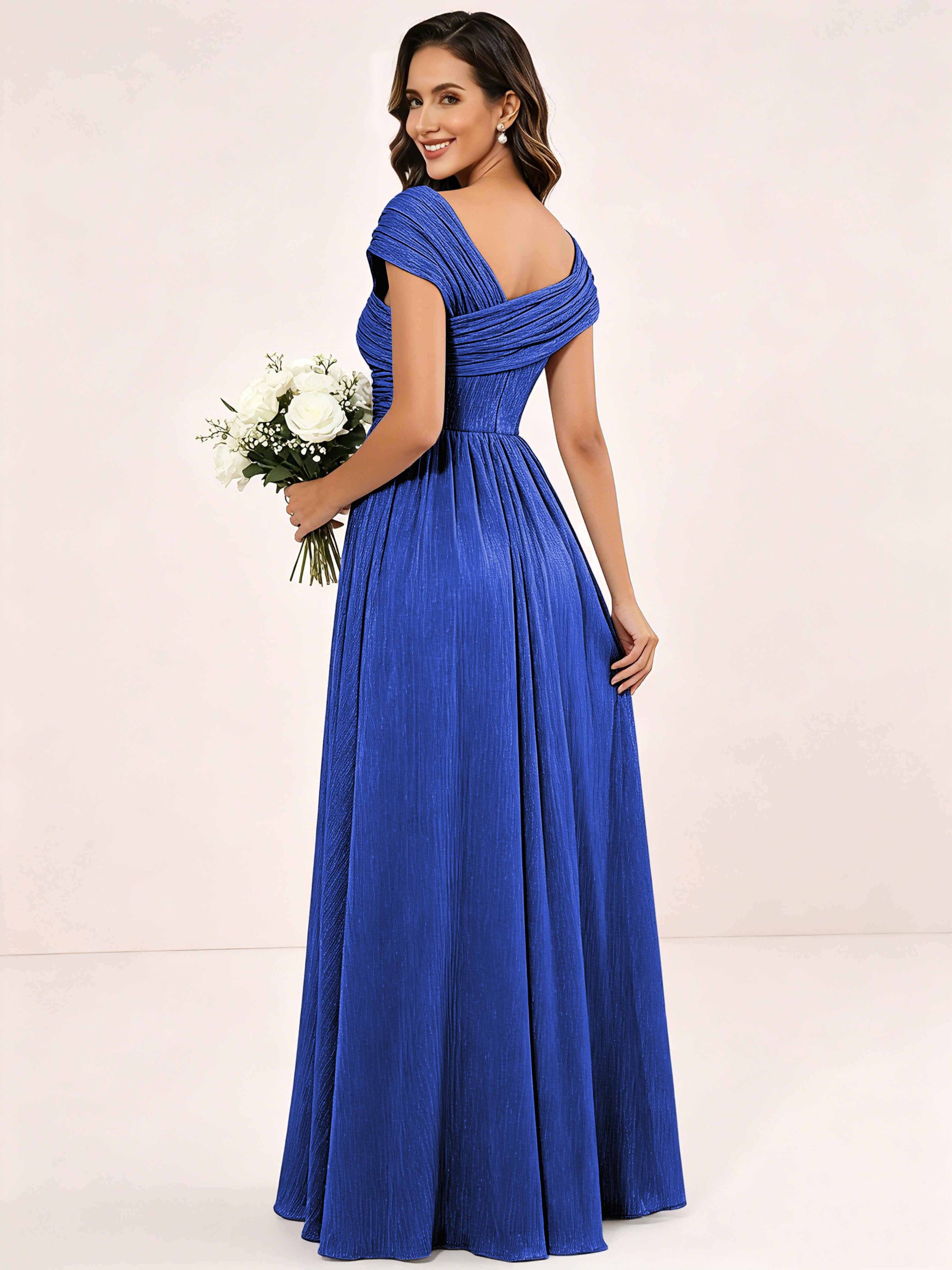 Shiny Striped Chiffon Ruched Cap Sleeve Mother of The Bride Dress