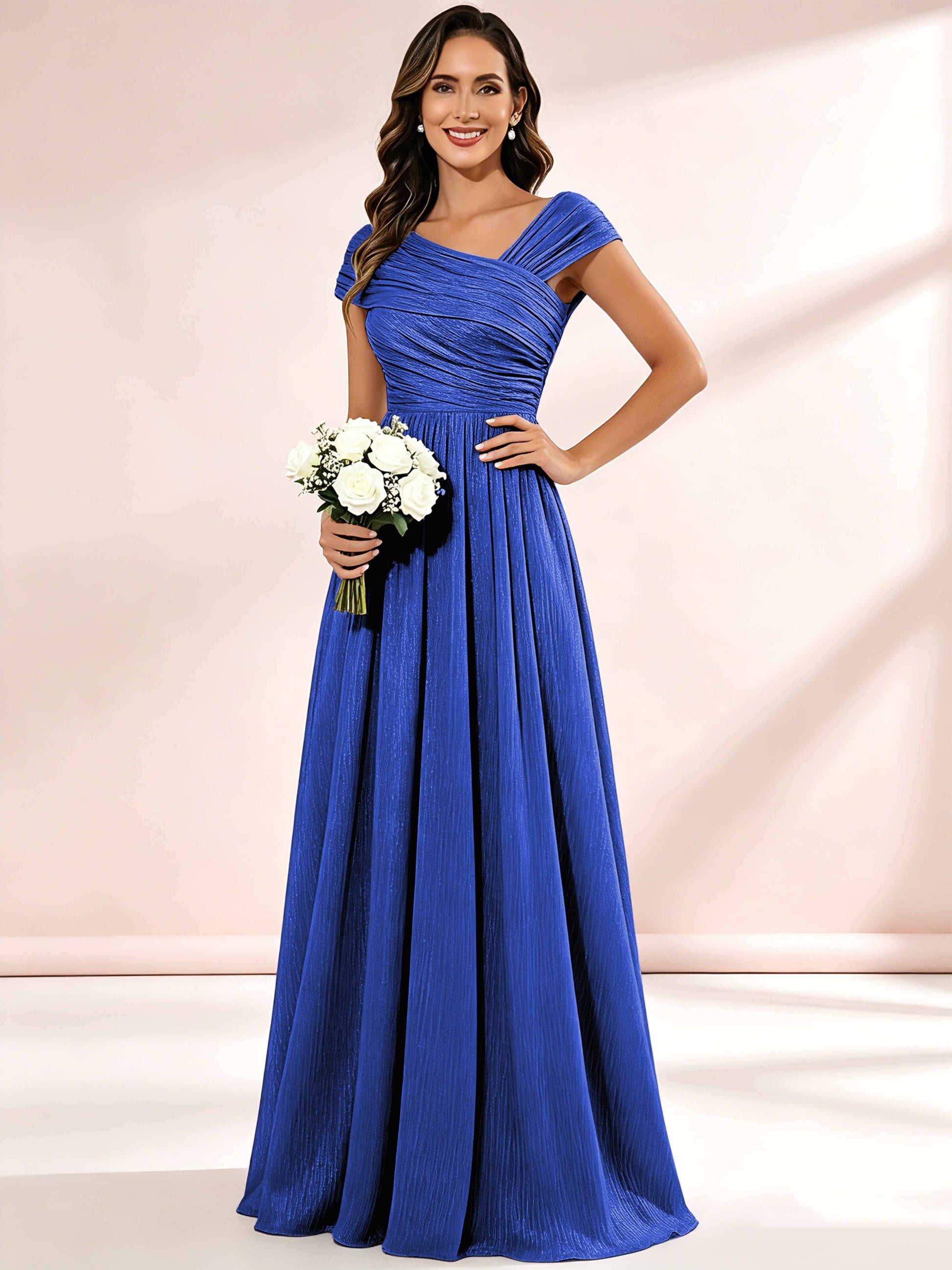 Shiny Striped Chiffon Ruched Cap Sleeve Mother of The Bride Dress