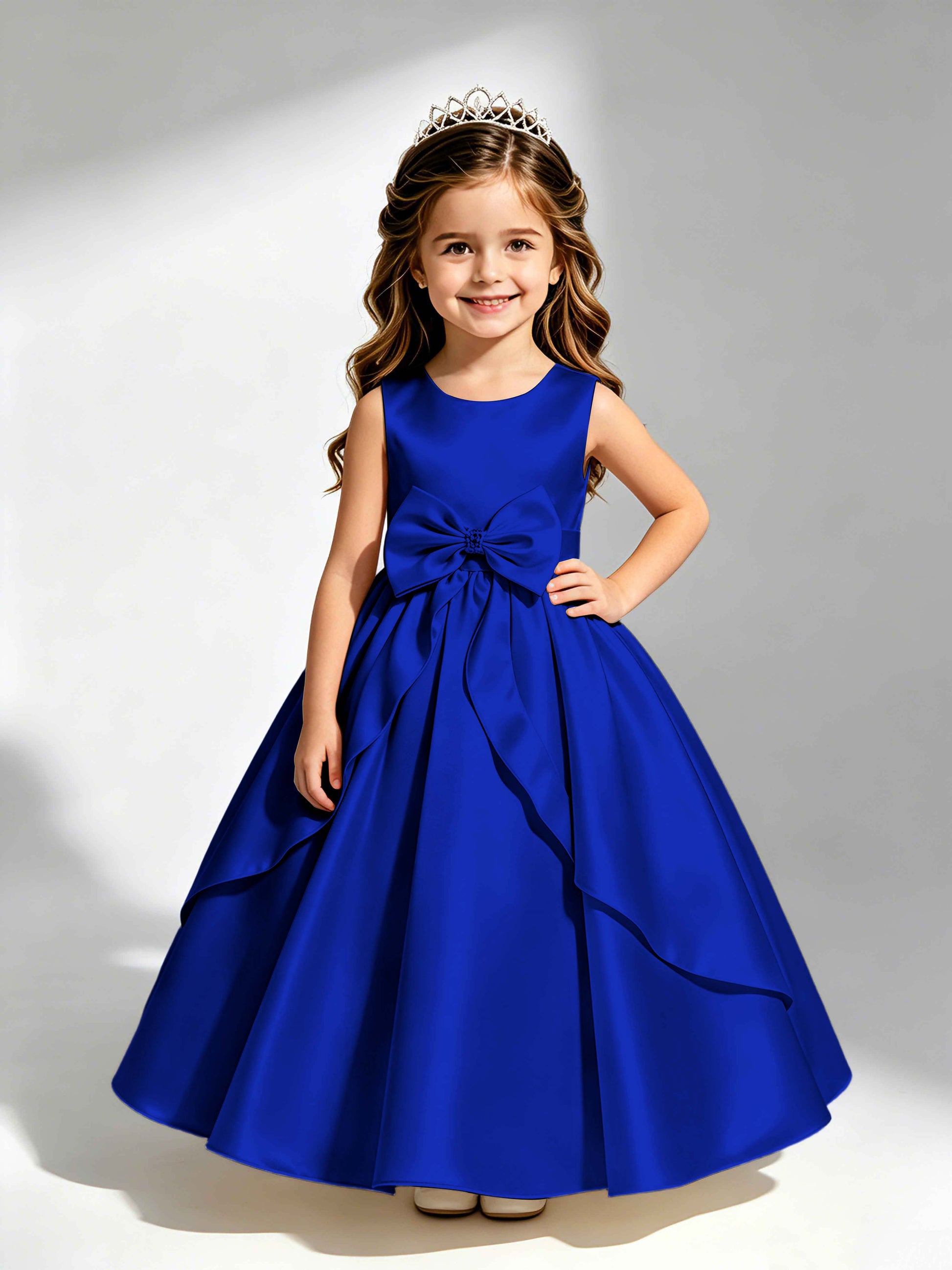 Satin Flower Girl Dress with Bow Princess Girls Pageant Gowns
