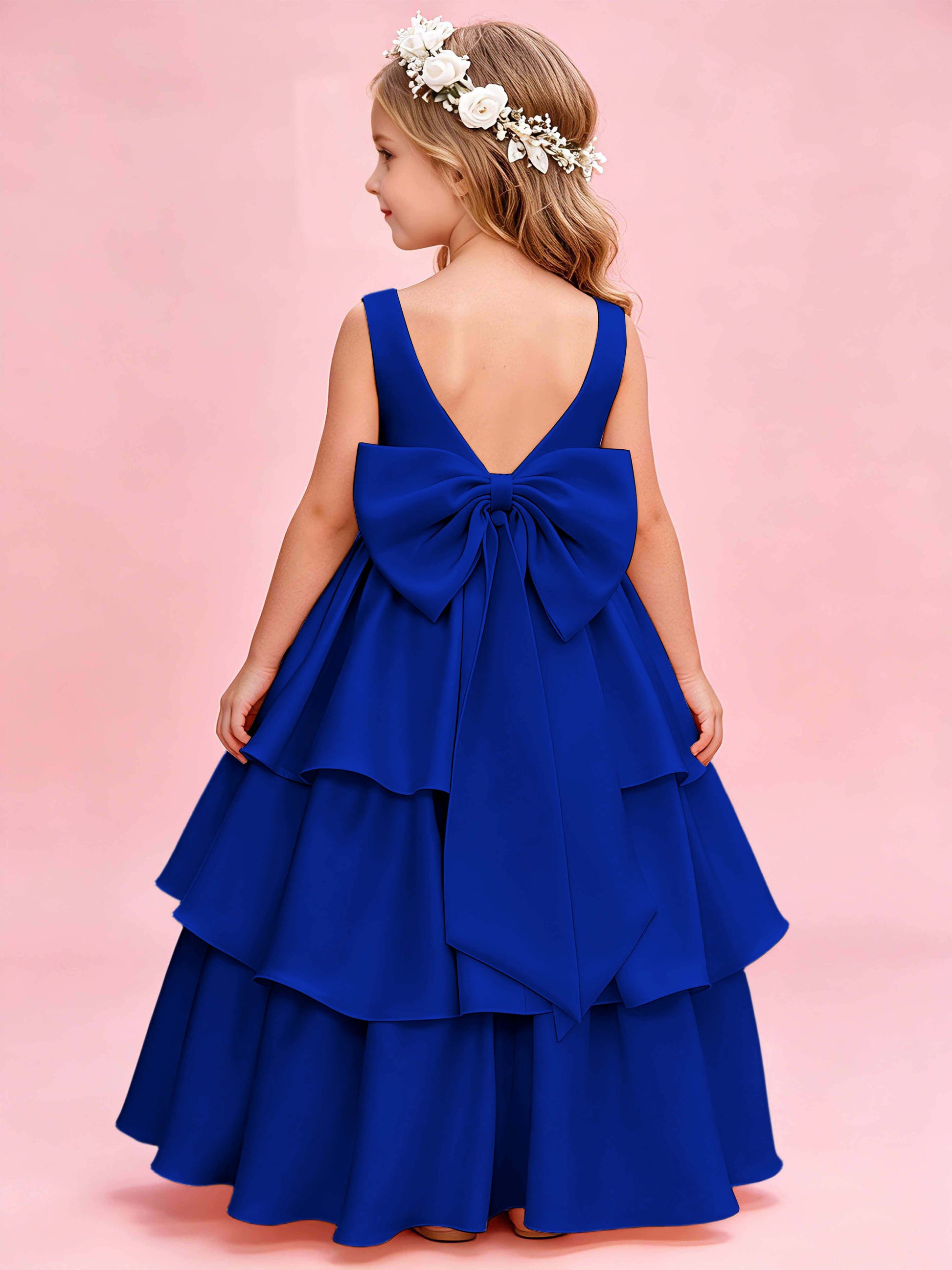 Tiered Flower Girl Dress with Bow Princess Girls Pageant Gowns