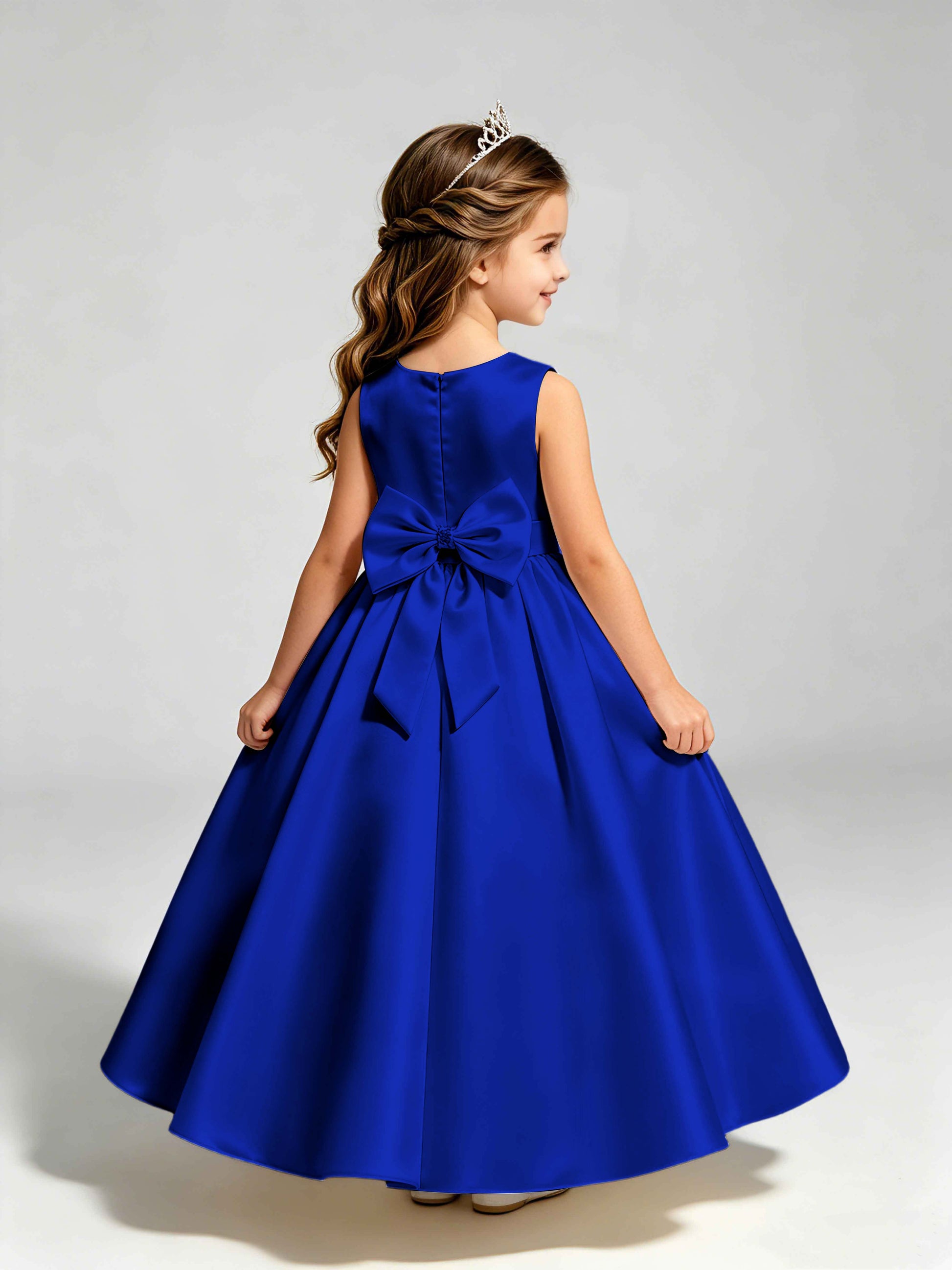Satin Flower Girl Dress with Bow Princess Girls Pageant Gowns
