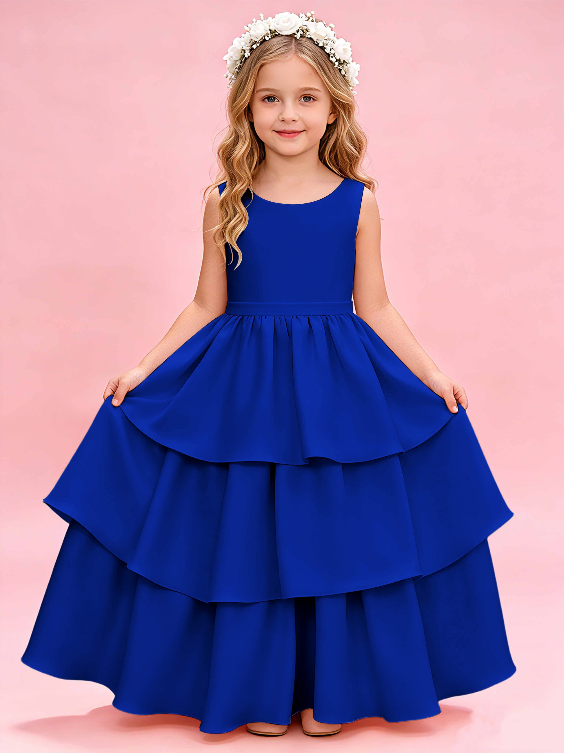 Tiered Flower Girl Dress with Bow Princess Girls Pageant Gowns