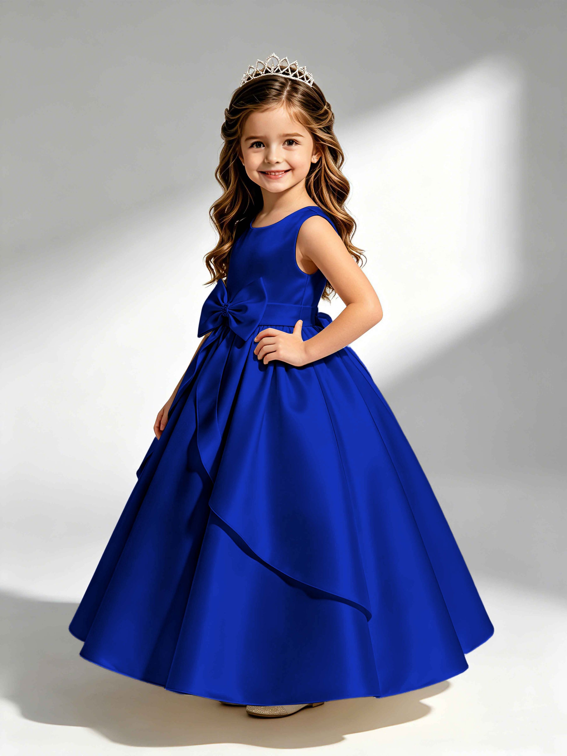 Satin Flower Girl Dress with Bow Princess Girls Pageant Gowns