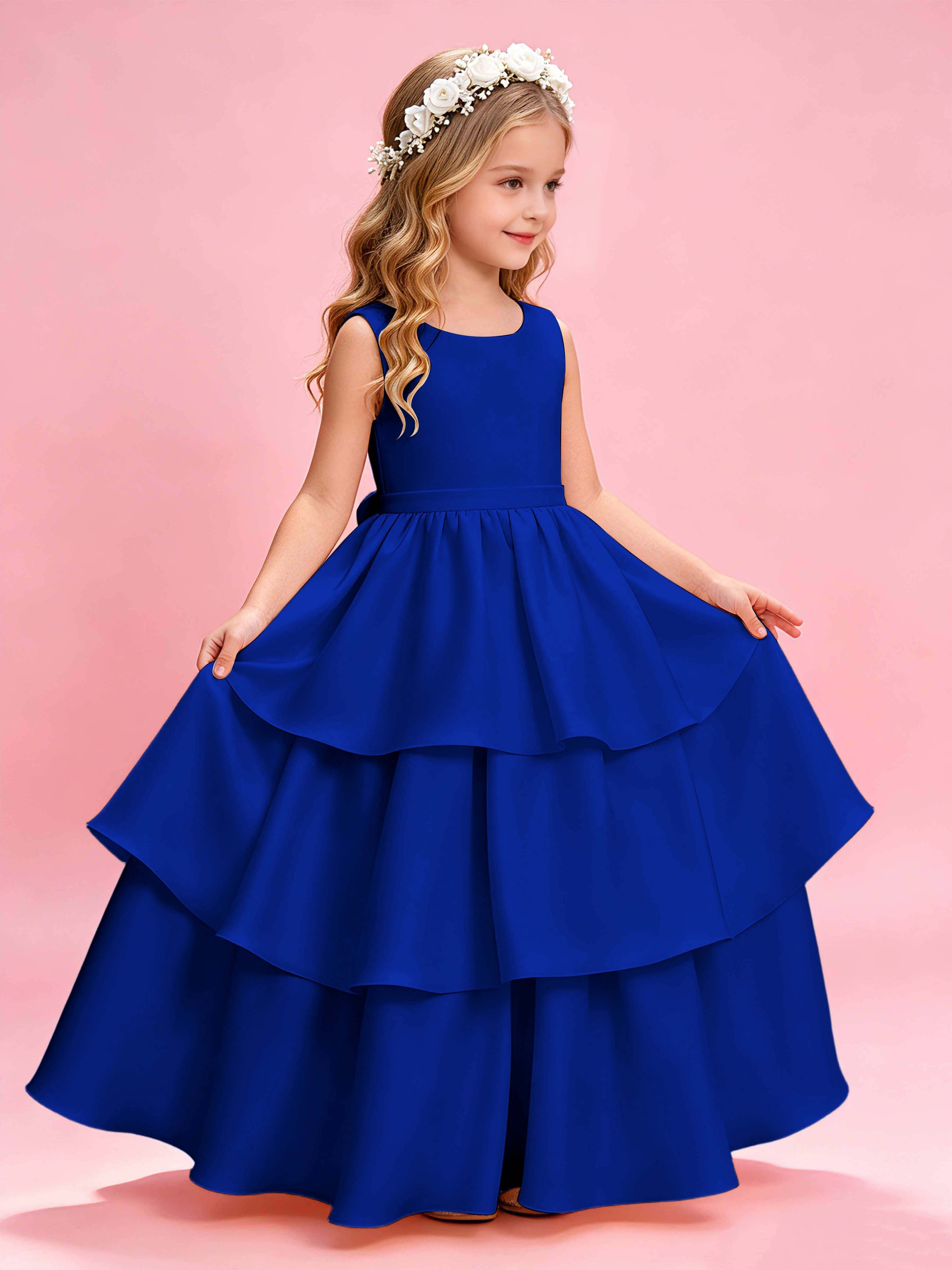 Tiered Flower Girl Dress with Bow Princess Girls Pageant Gowns