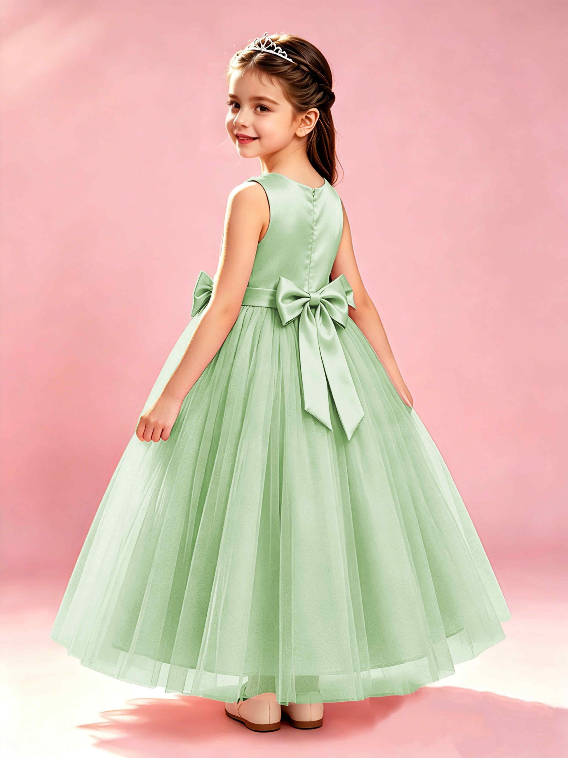 Satin Tulle Flower Girl Dress with Bow Princess Girls Pageant Gowns