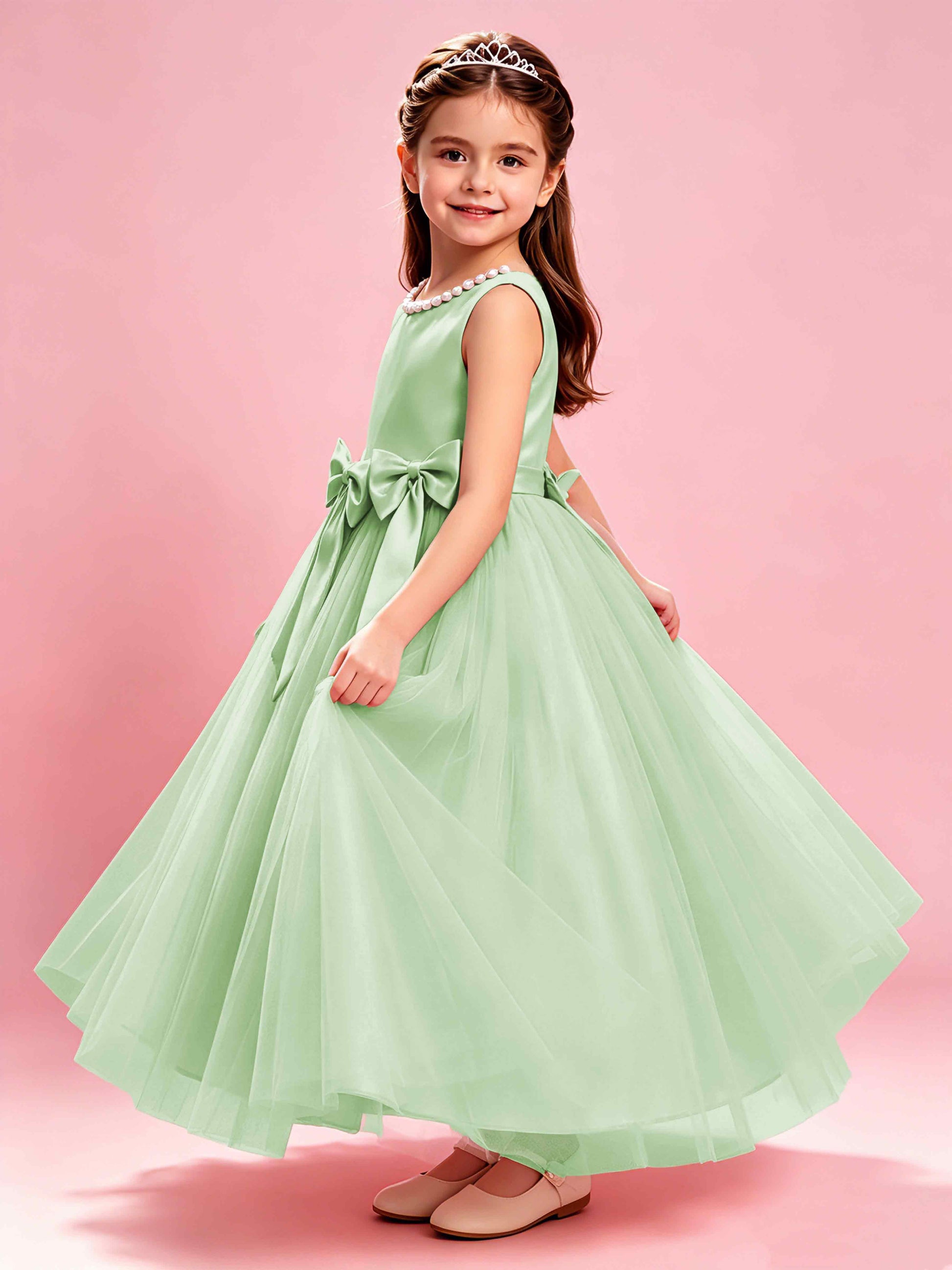 Satin Tulle Flower Girl Dress with Bow Princess Girls Pageant Gowns