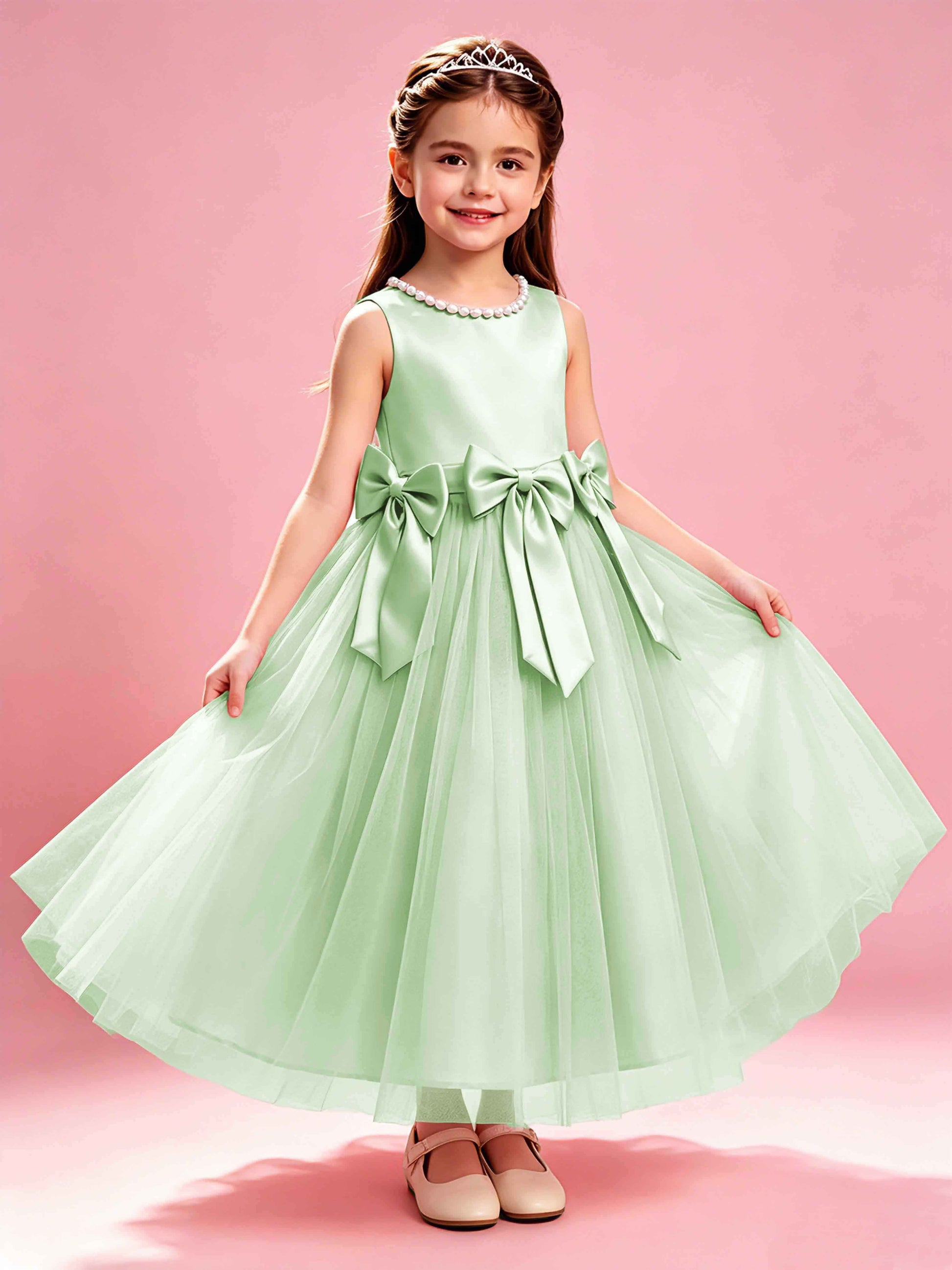 Satin Tulle Flower Girl Dress with Bow Princess Girls Pageant Gowns