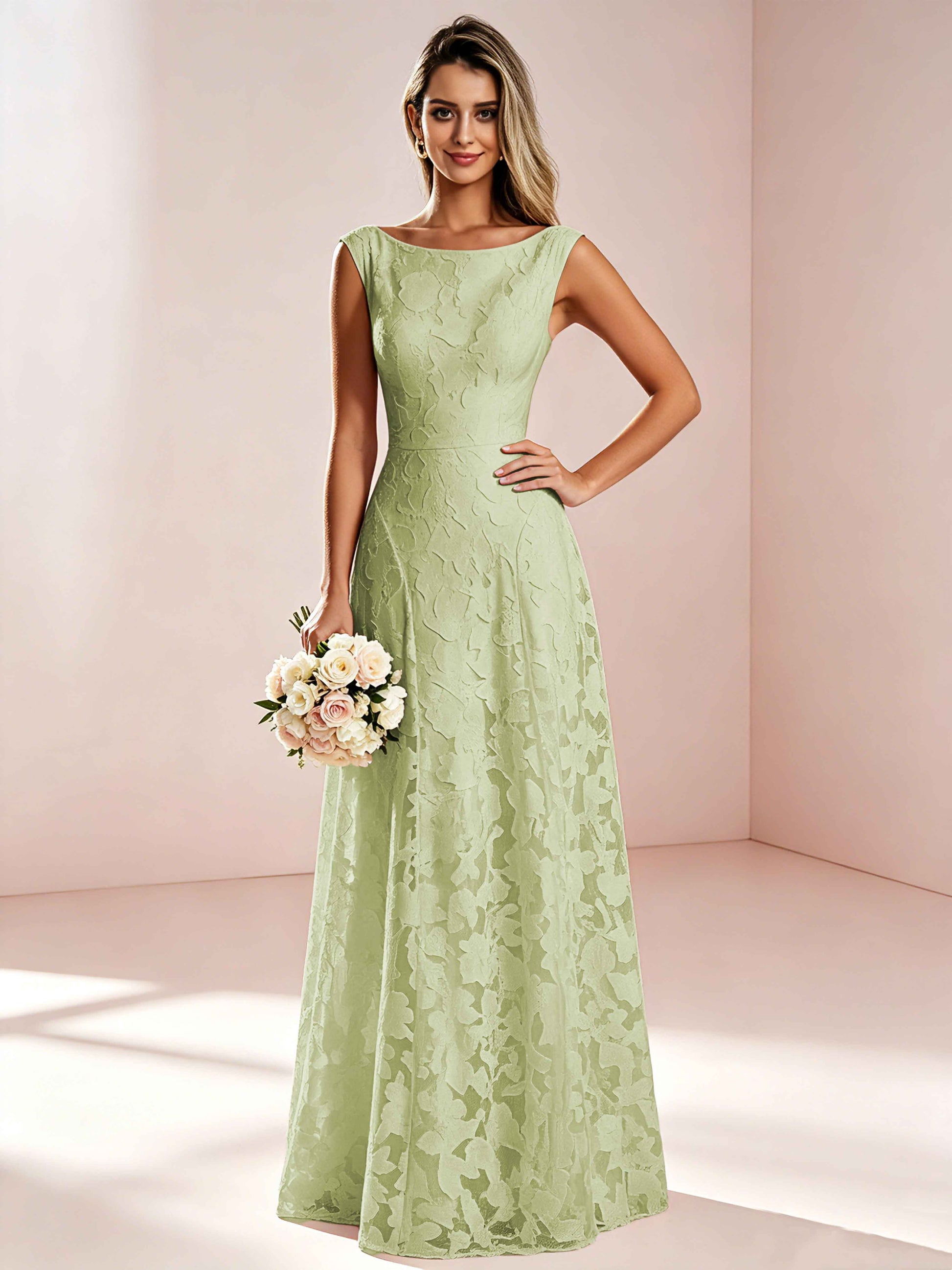 Boat Neck Jacquard Chiffon Floor Length Bridesmaid Dresses