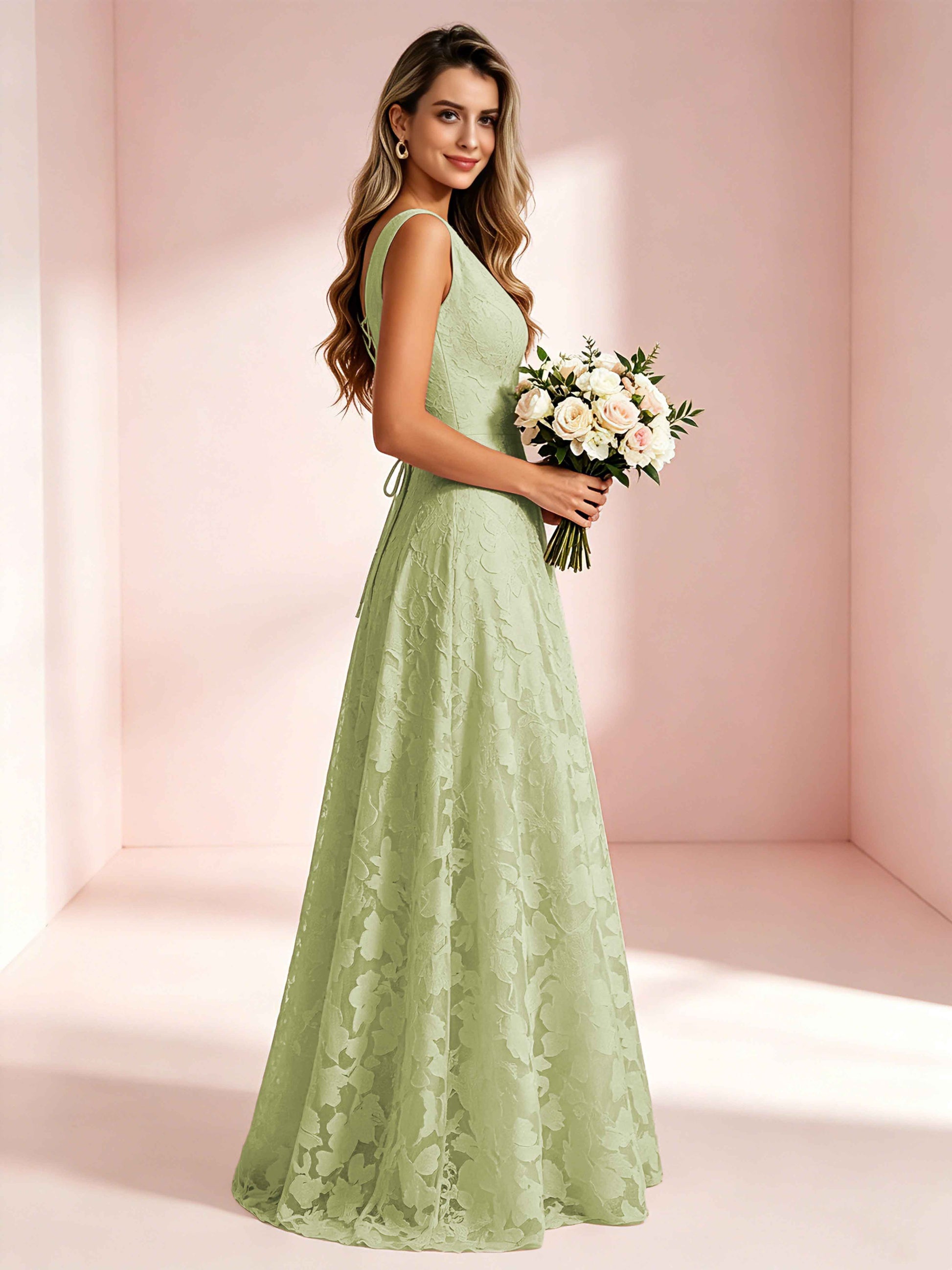 Boat Neck Jacquard Chiffon Floor Length Bridesmaid Dresses