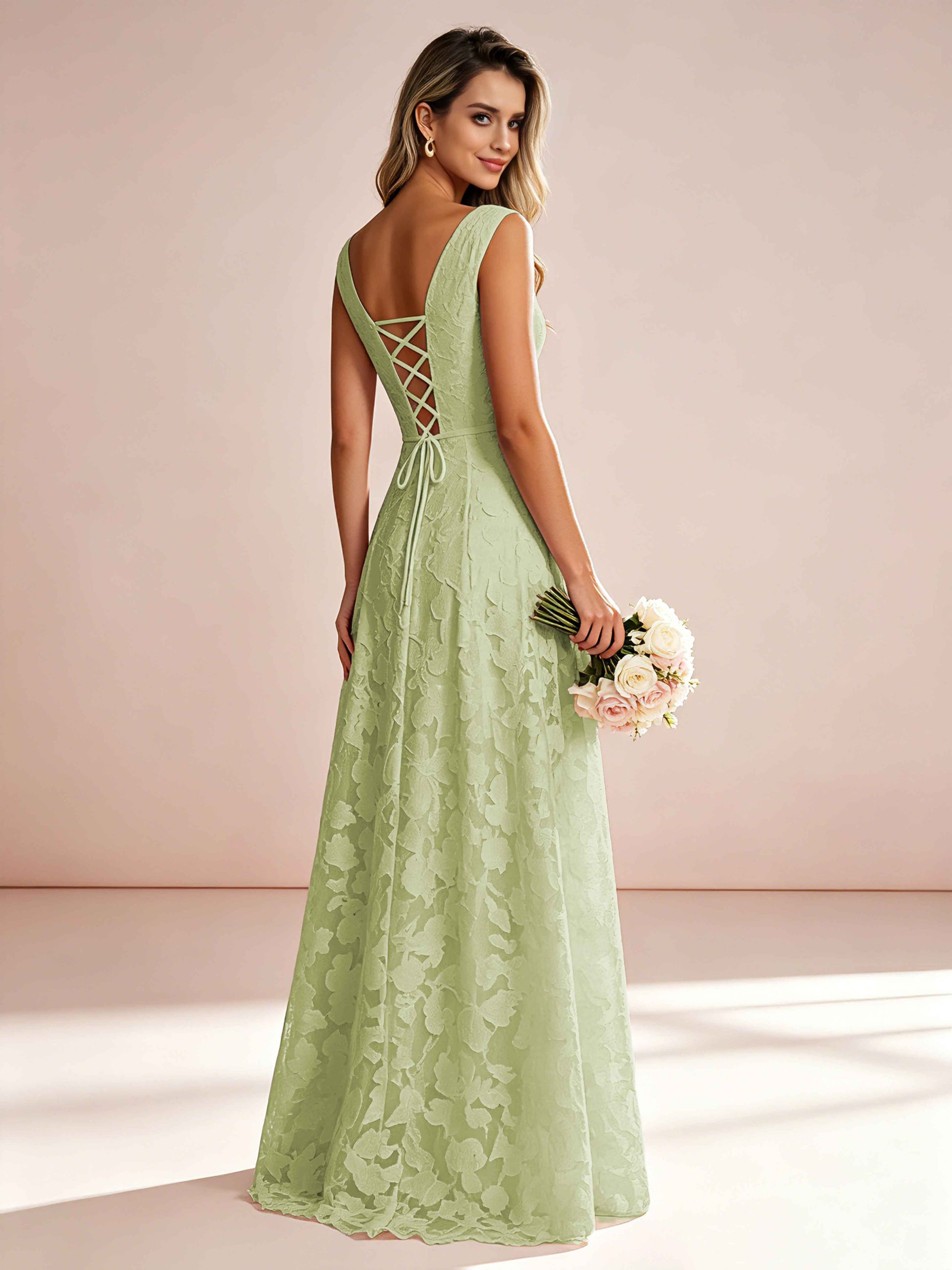 Boat Neck Jacquard Chiffon Floor Length Bridesmaid Dresses