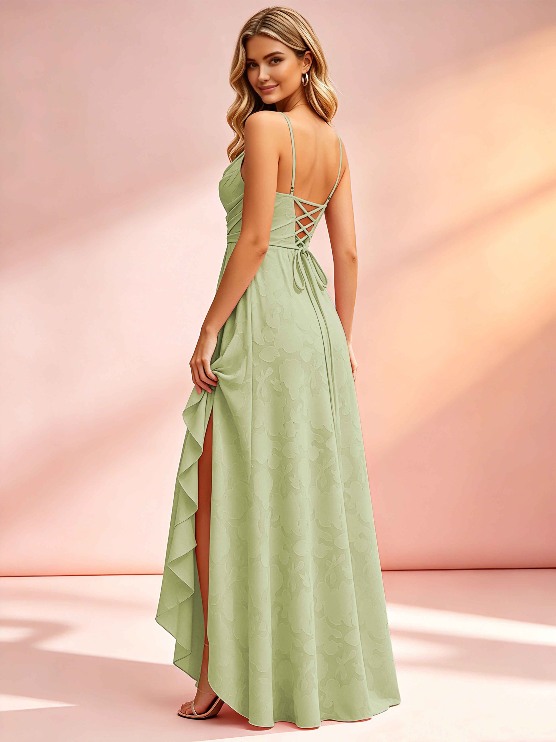 Jacquard Chiffon Cowl Neck Bridesmaid Dresses with Ruffle Slit