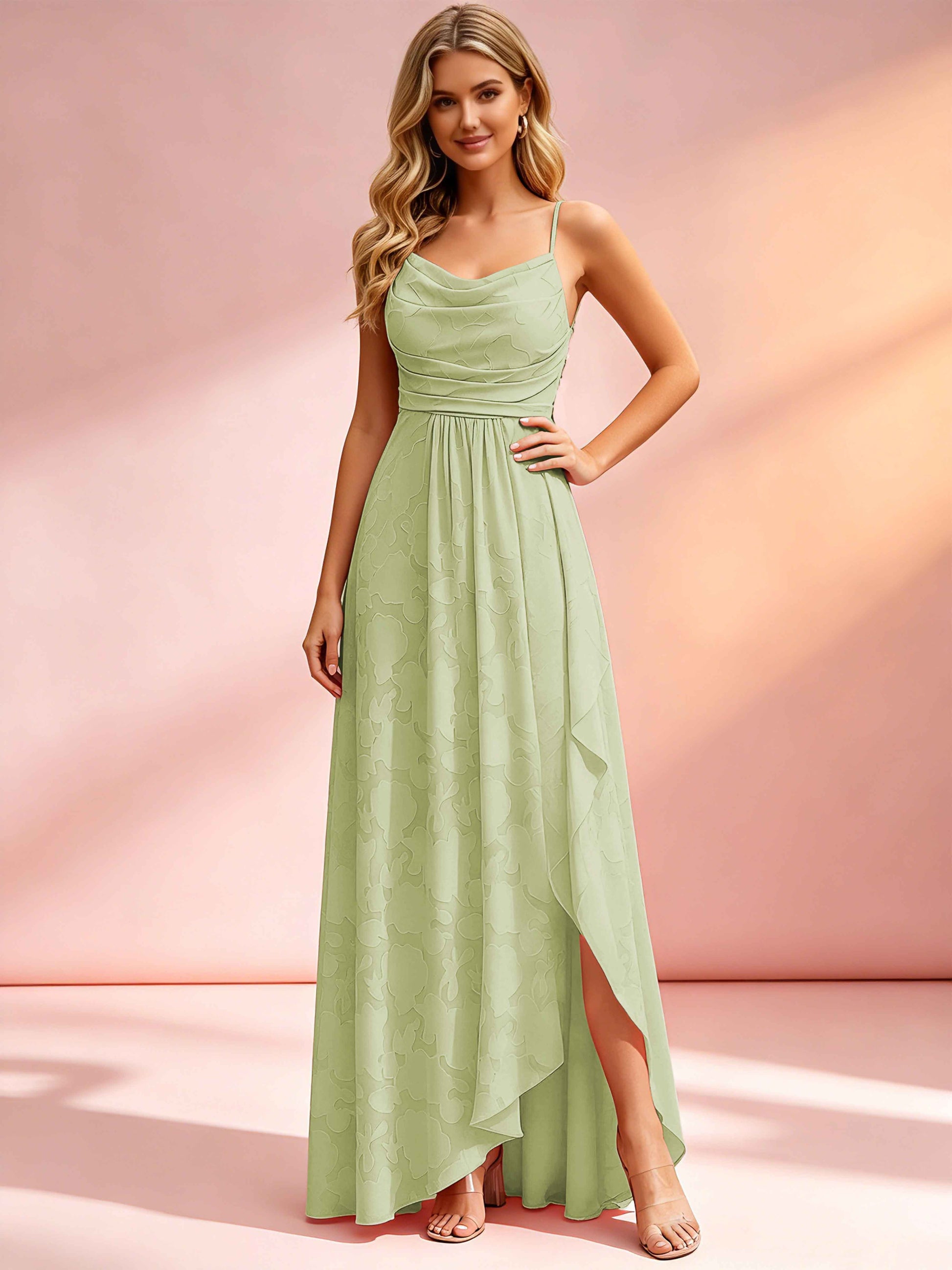 Jacquard Chiffon Cowl Neck Bridesmaid Dresses with Ruffle Slit