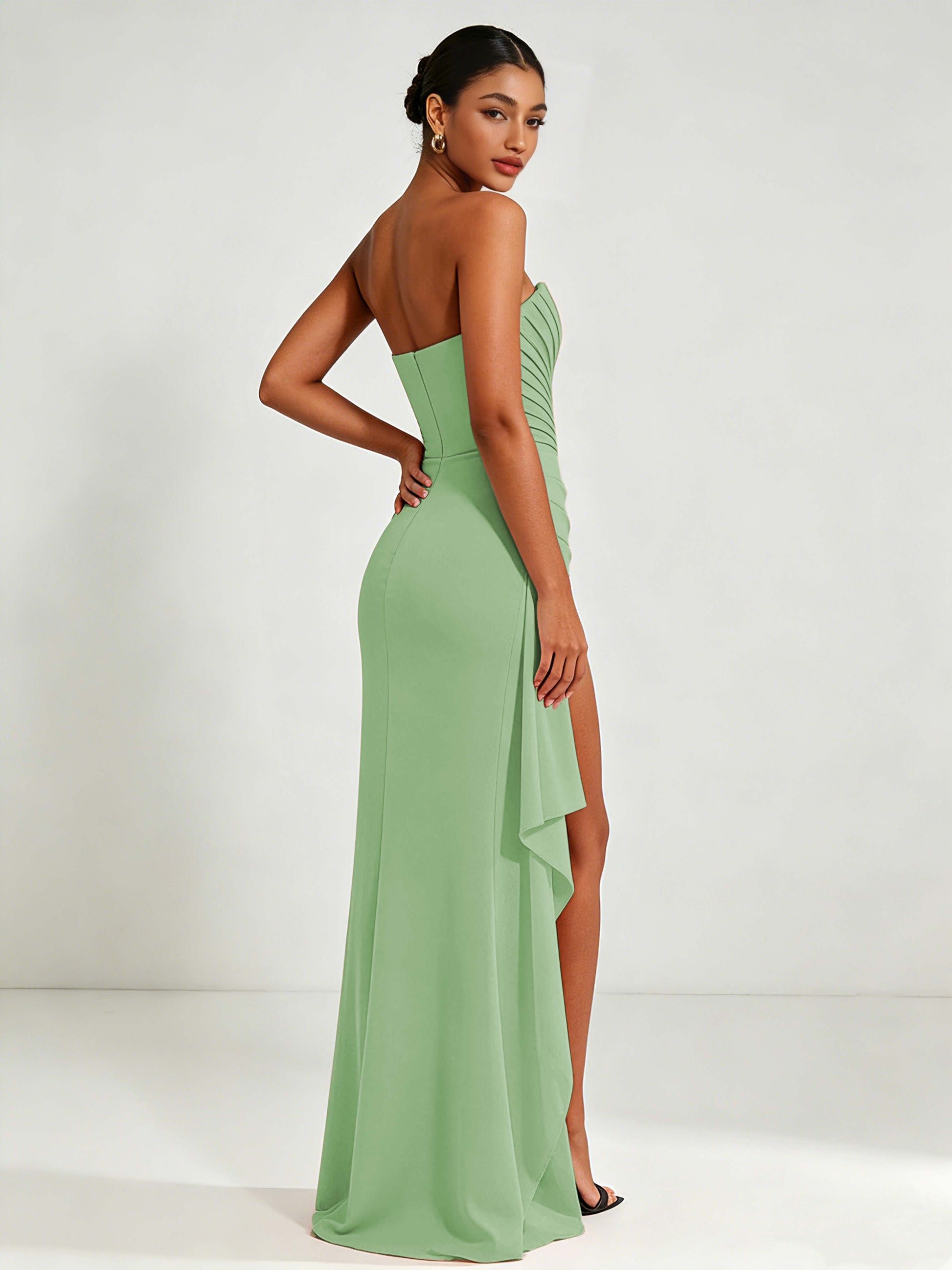 Strapless Ruched Bust Prom Dresses with Ruffle Slit