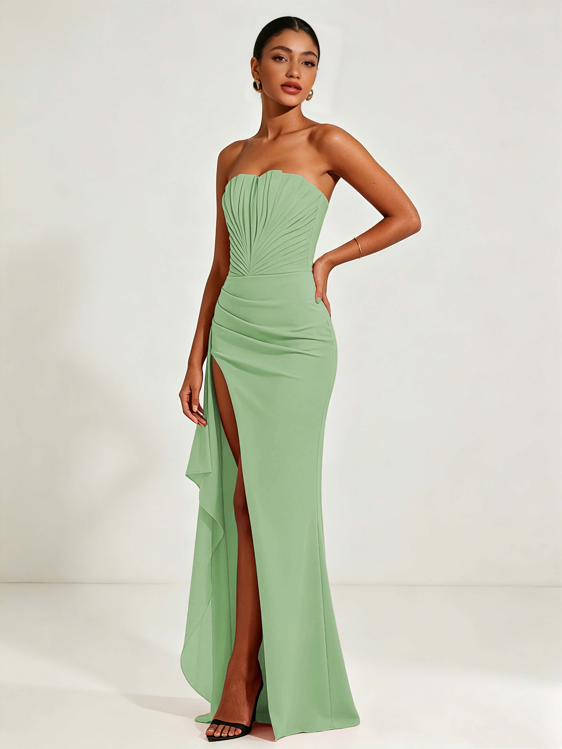 Strapless Ruched Bust Prom Dresses with Ruffle Slit
