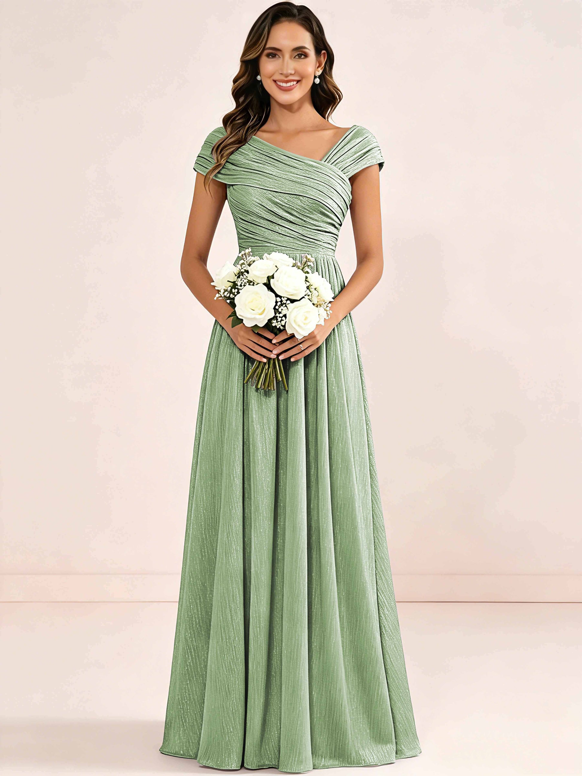 Shiny Striped Chiffon Ruched Cap Sleeve Mother of The Bride Dress