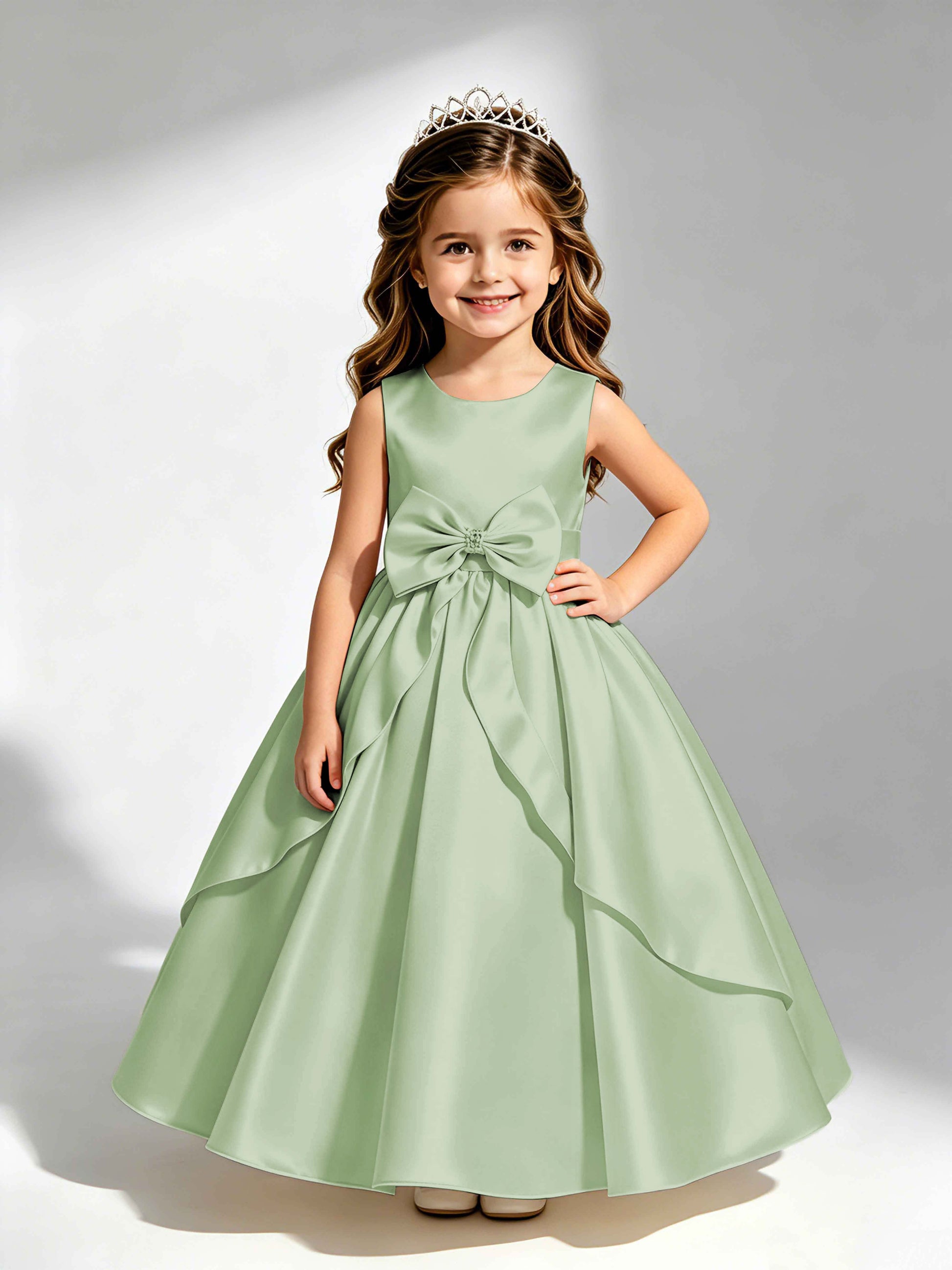 Satin Flower Girl Dress with Bow Princess Girls Pageant Gowns