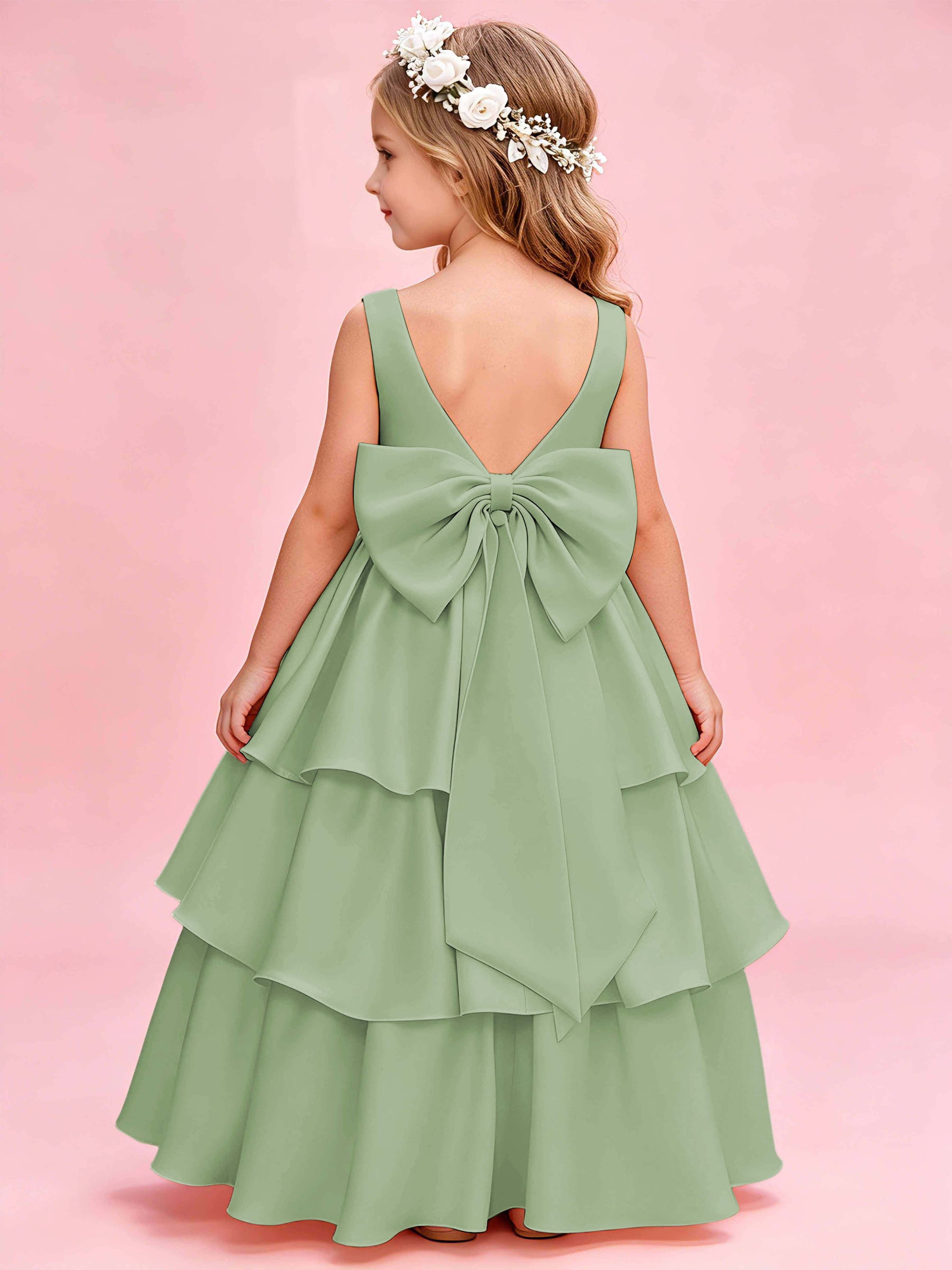 Tiered Flower Girl Dress with Bow Princess Girls Pageant Gowns