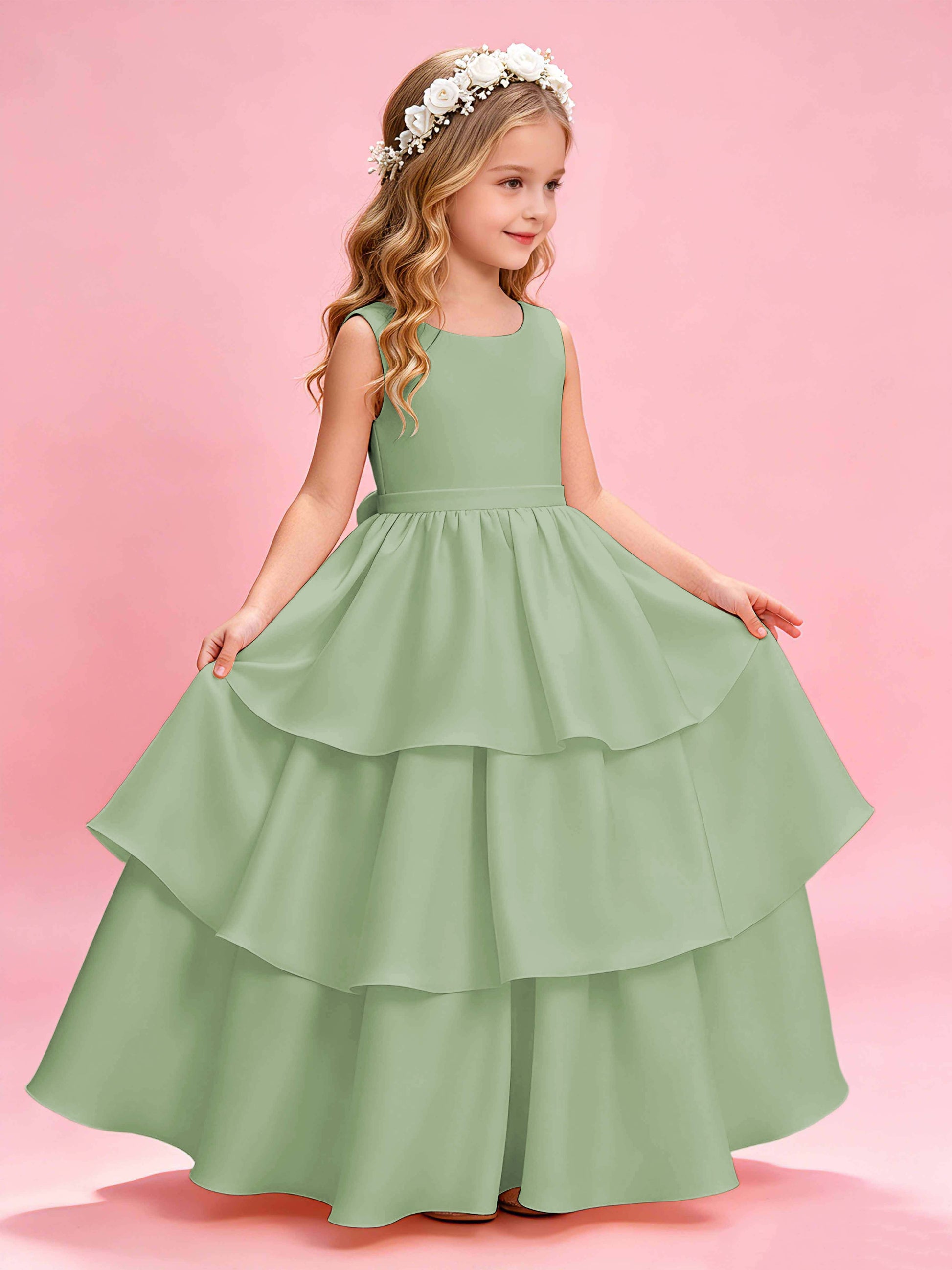 Tiered Flower Girl Dress with Bow Princess Girls Pageant Gowns