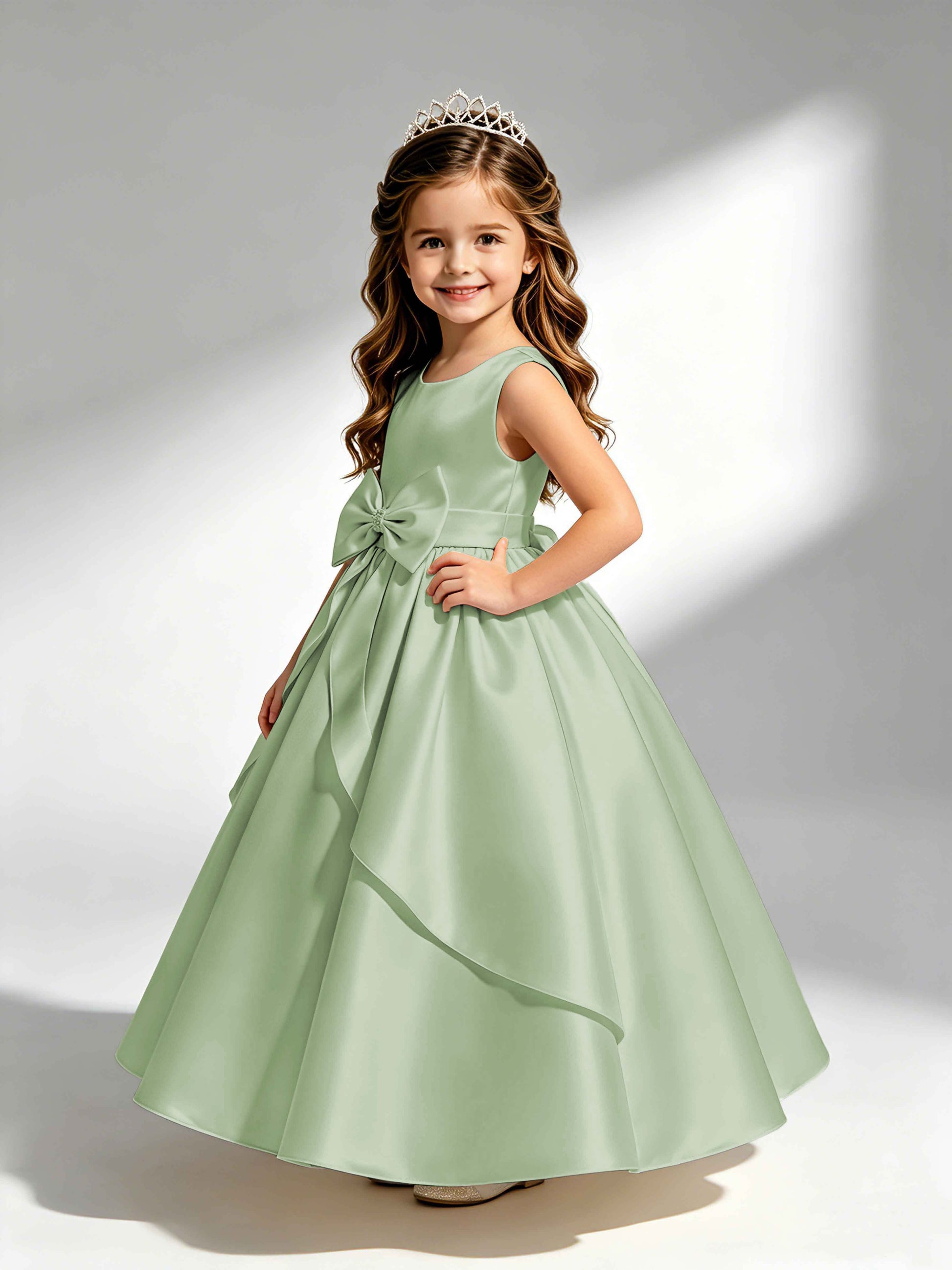 Satin Flower Girl Dress with Bow Princess Girls Pageant Gowns