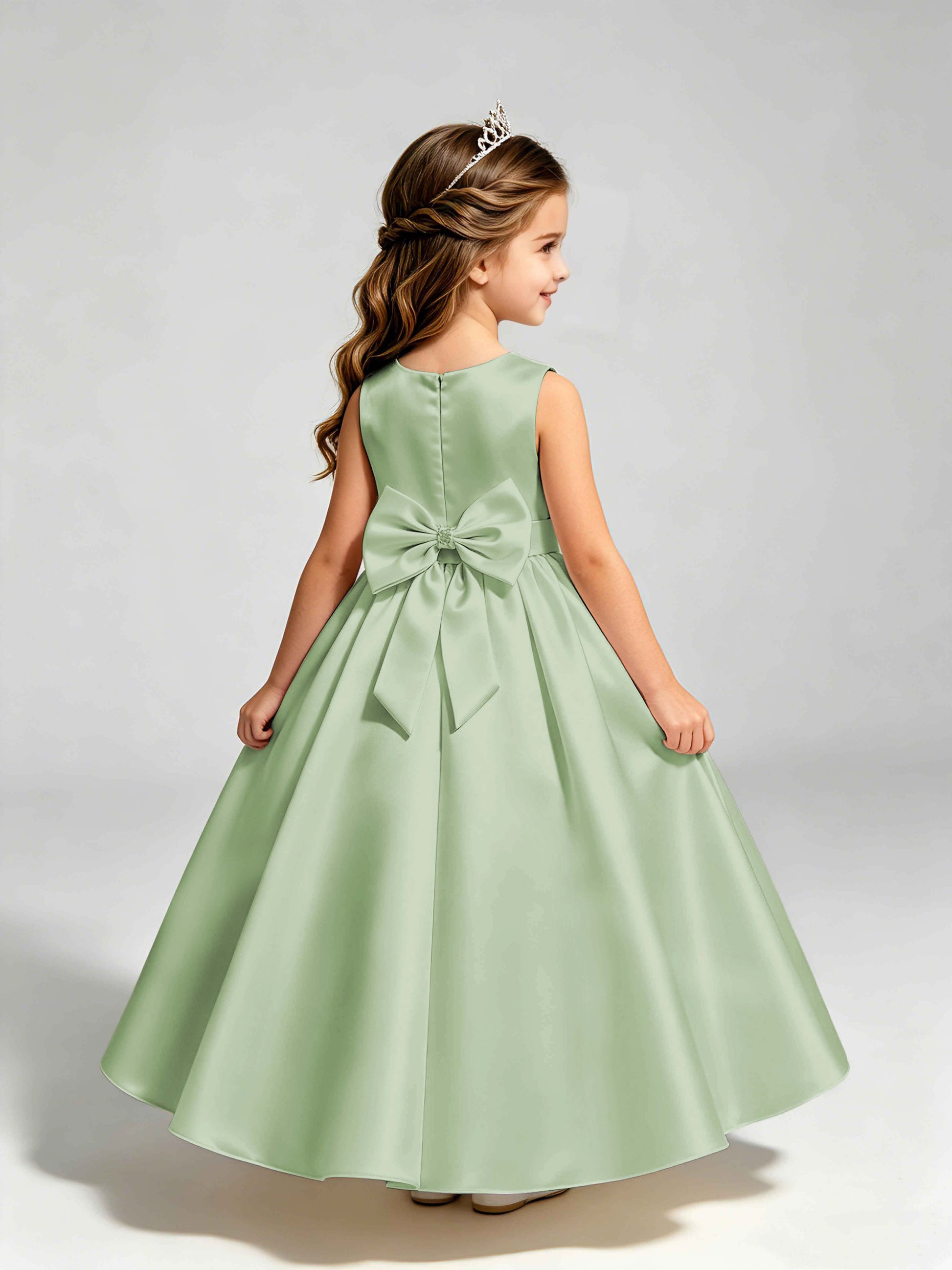 Satin Flower Girl Dress with Bow Princess Girls Pageant Gowns