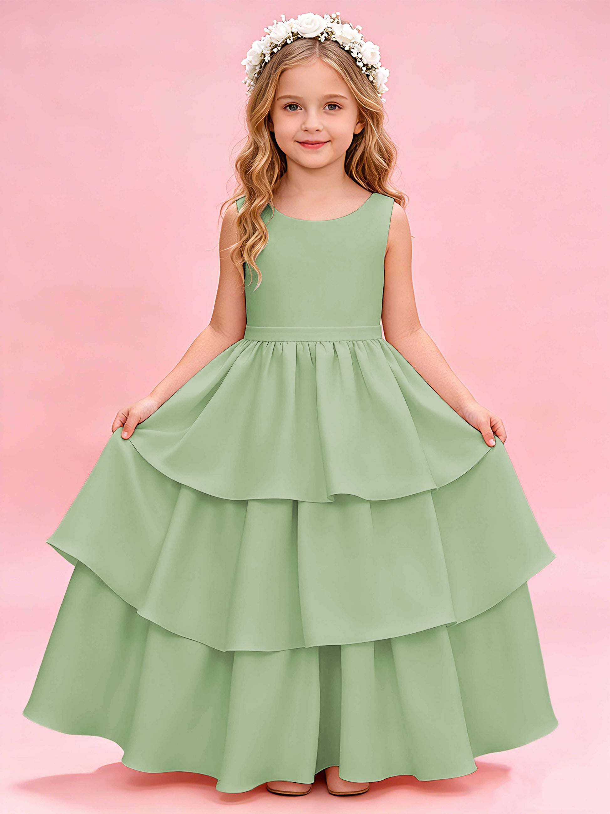 Tiered Flower Girl Dress with Bow Princess Girls Pageant Gowns