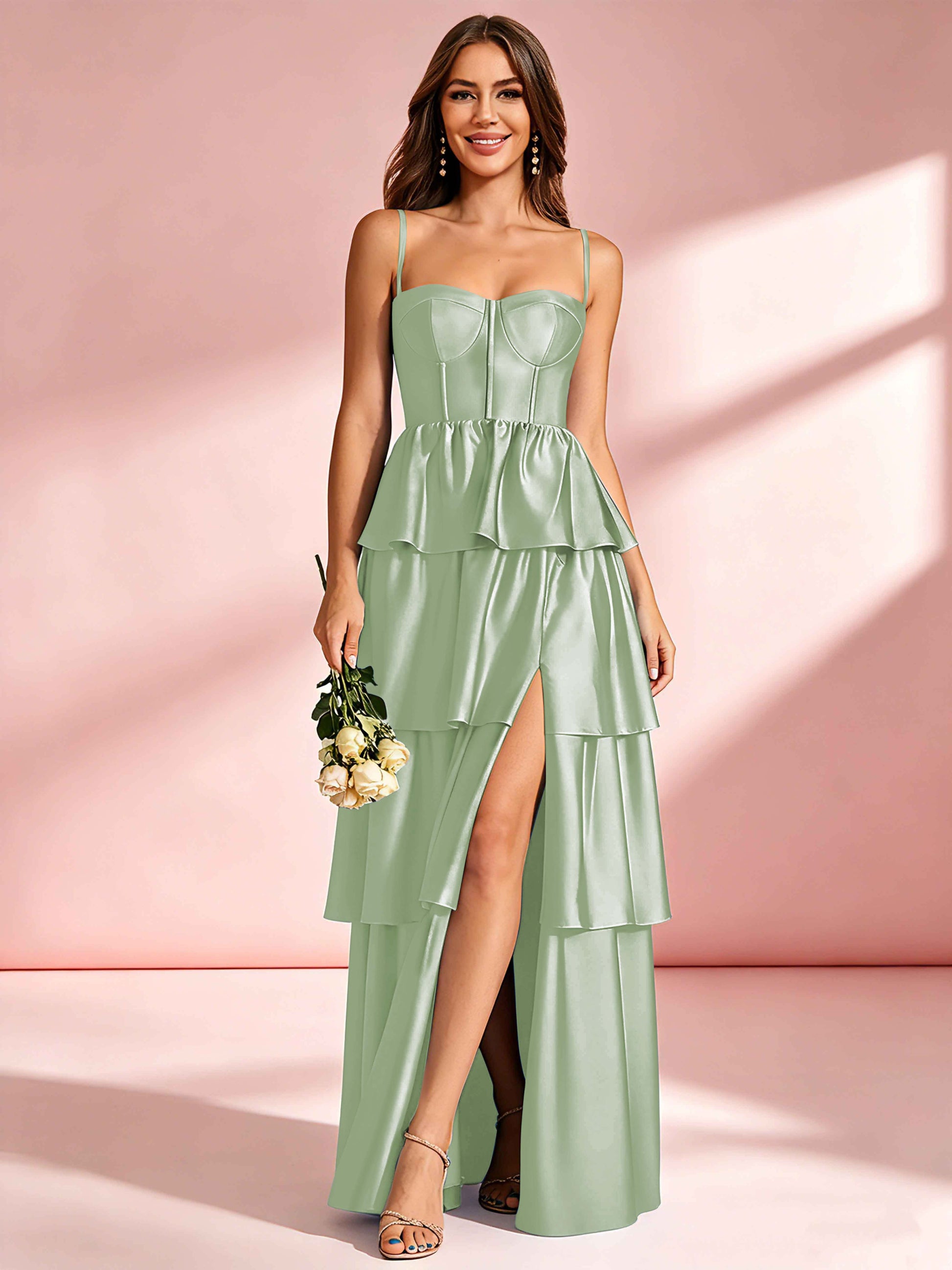 Satin Tiered Corset Bridesmaid Dresses Formal Evening Gown