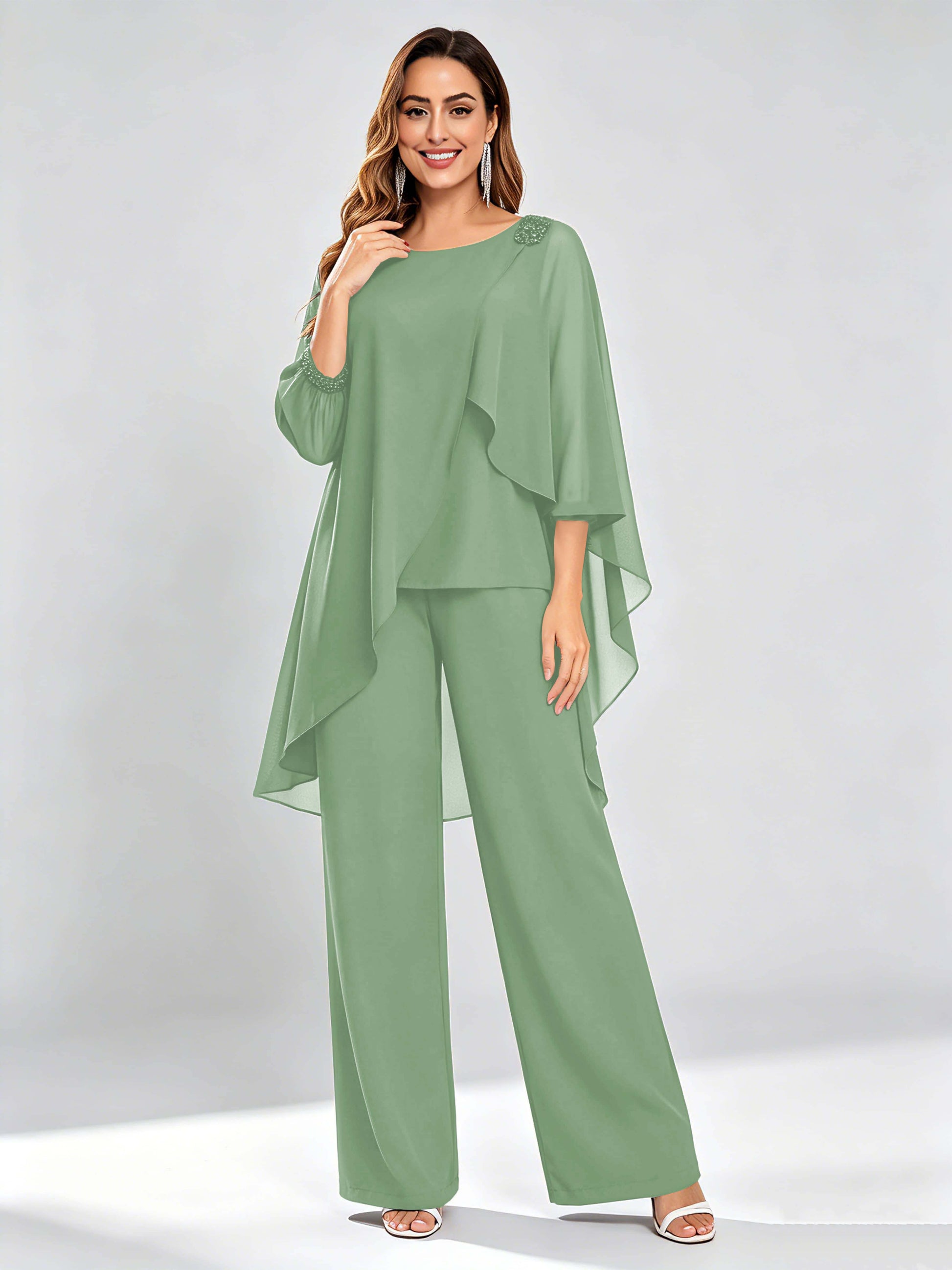 Asymmetric Chiffon 2 Pieces Mother of The Bride Pant Suits