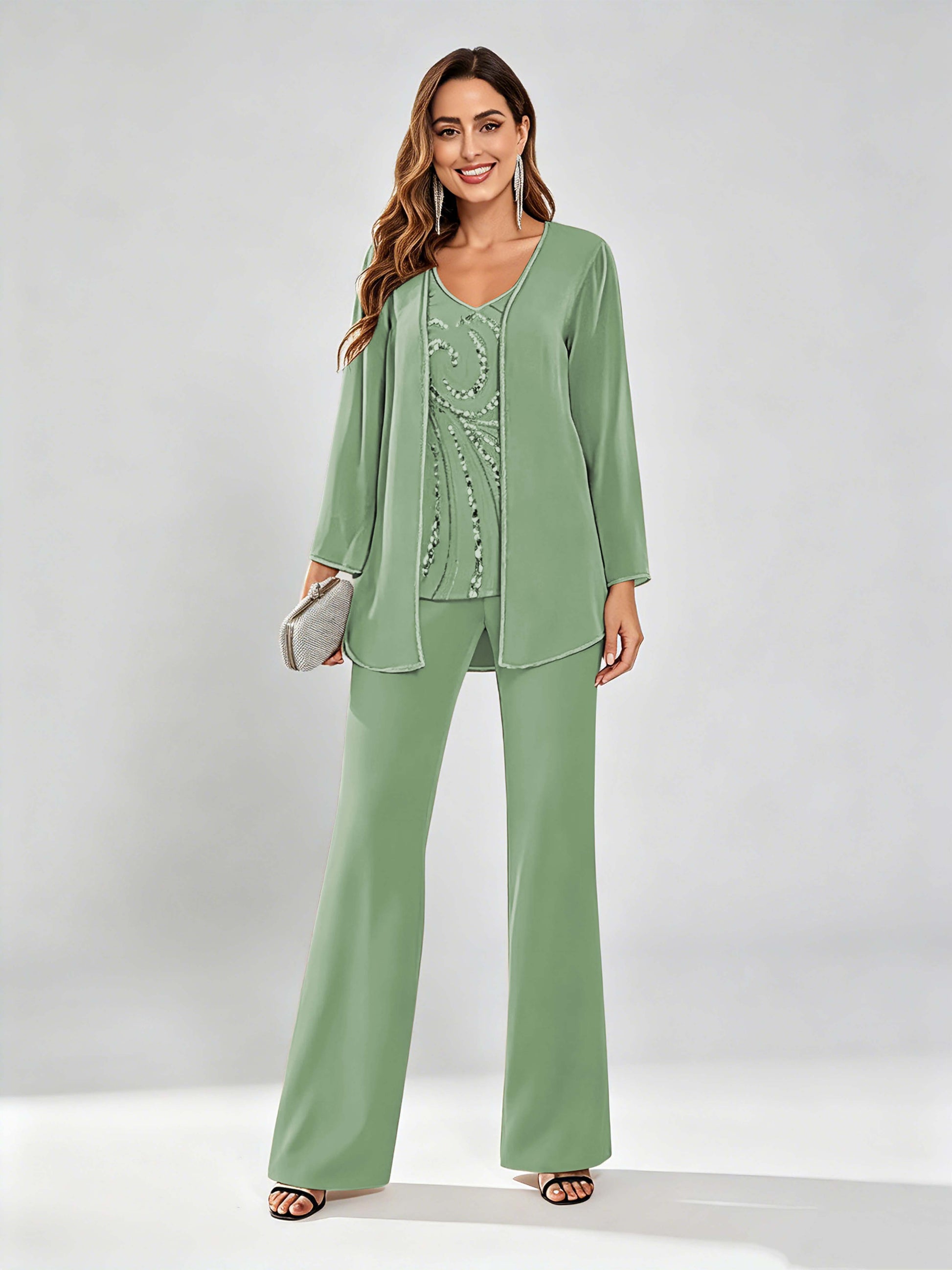 Chiffon Sequin 3 Pieces Mother of The Bride Pant Suits for Women