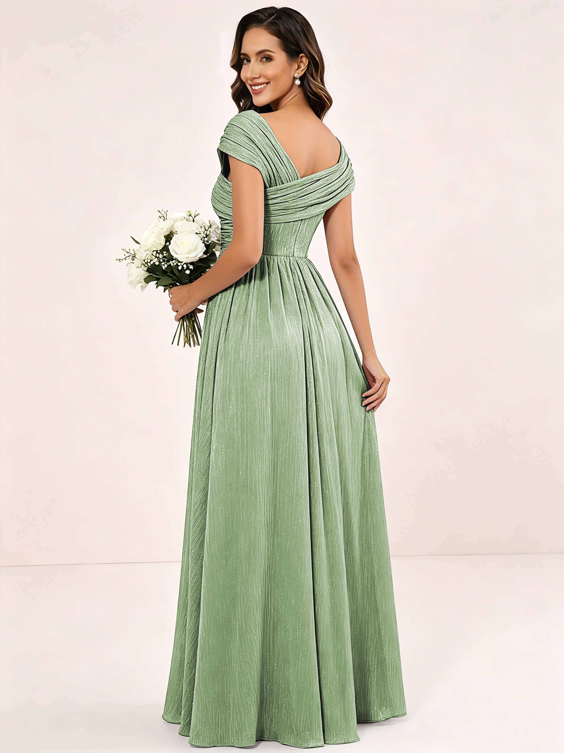 Shiny Striped Chiffon Ruched Cap Sleeve Mother of The Bride Dress