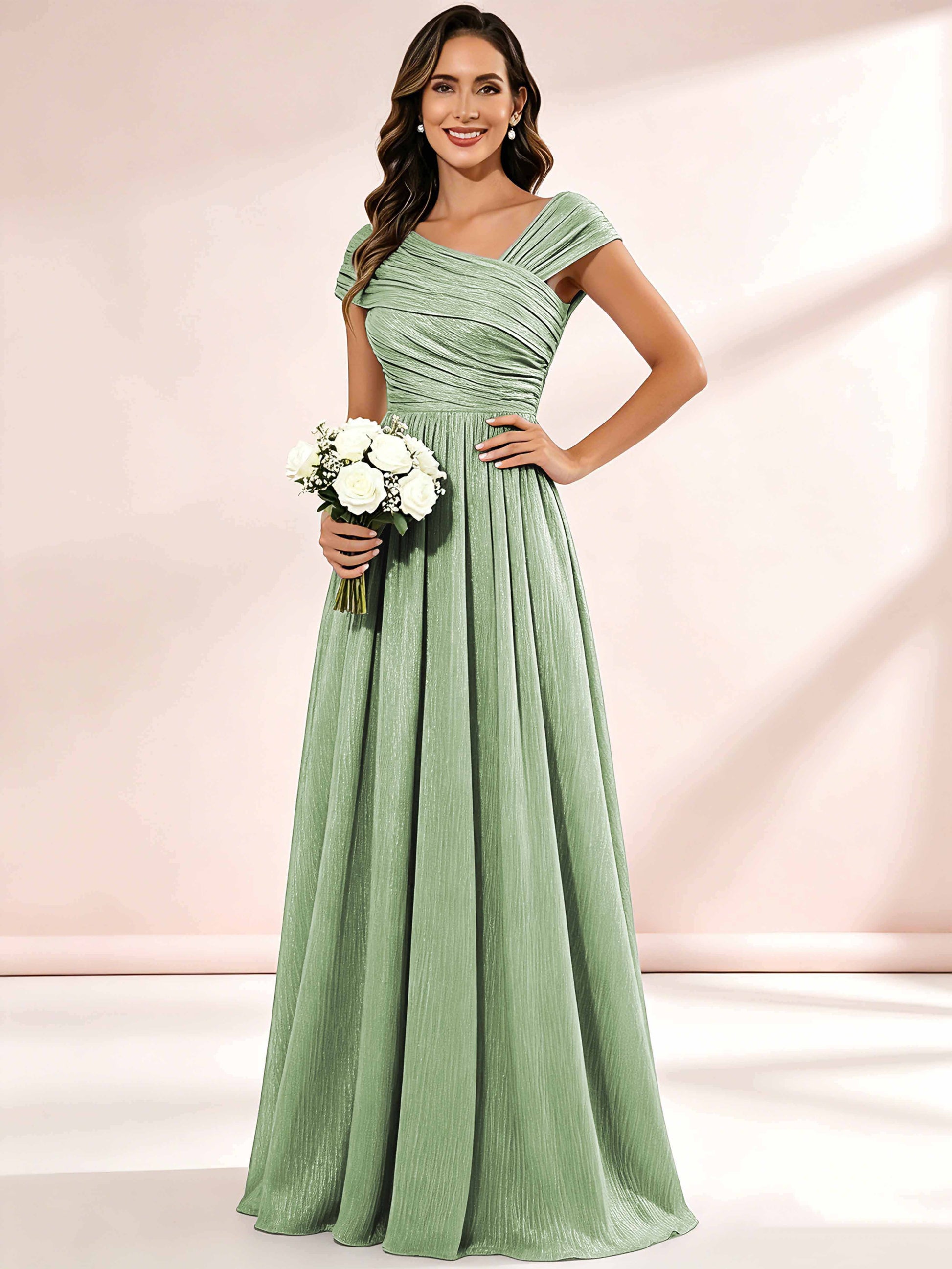 Shiny Striped Chiffon Ruched Cap Sleeve Mother of The Bride Dress