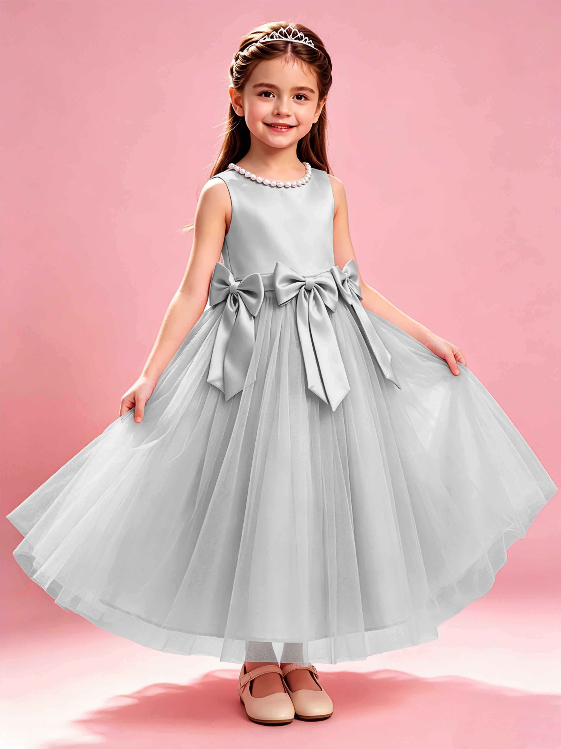 Satin Tulle Flower Girl Dress with Bow Princess Girls Pageant Gowns
