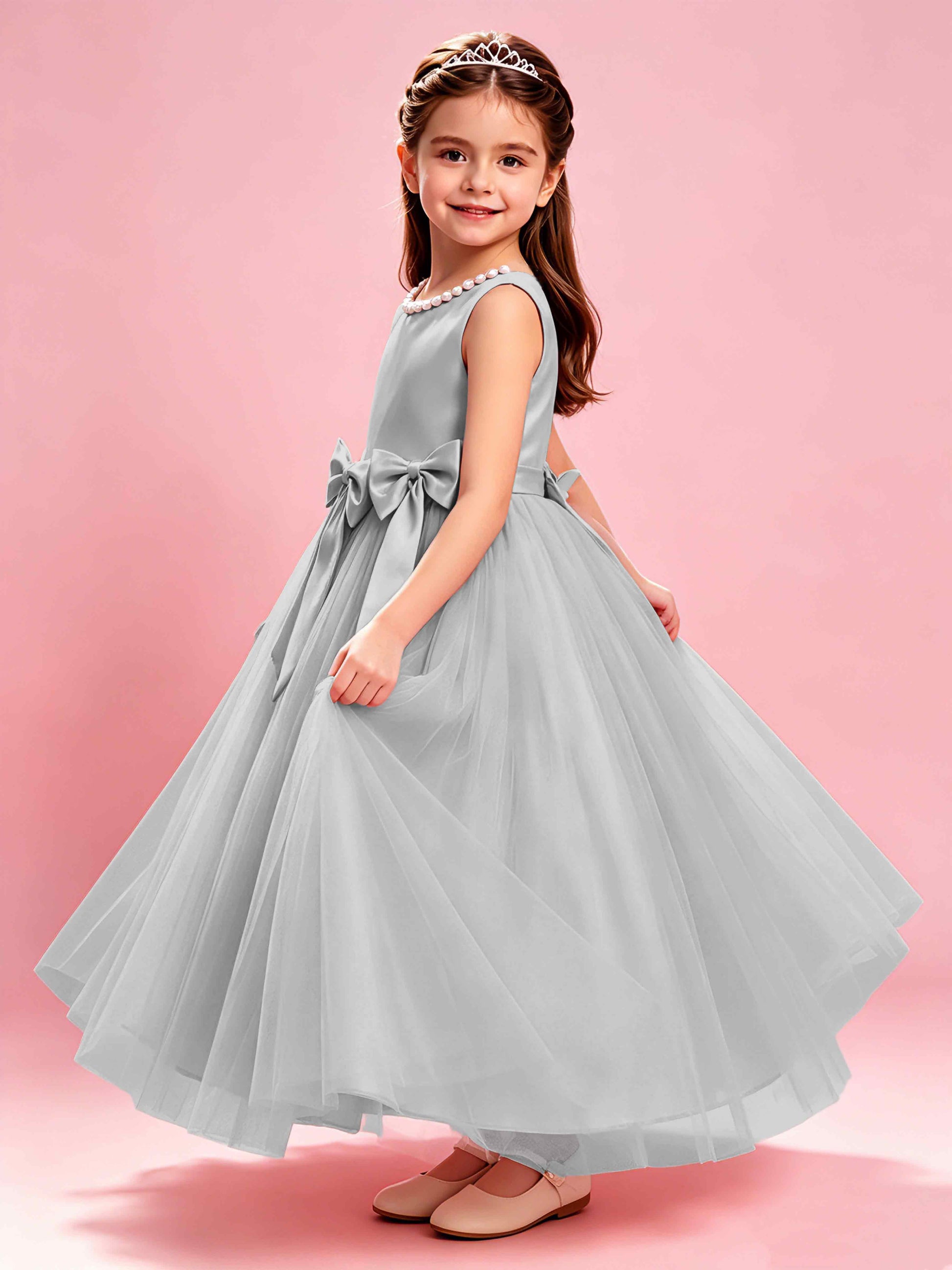 Satin Tulle Flower Girl Dress with Bow Princess Girls Pageant Gowns