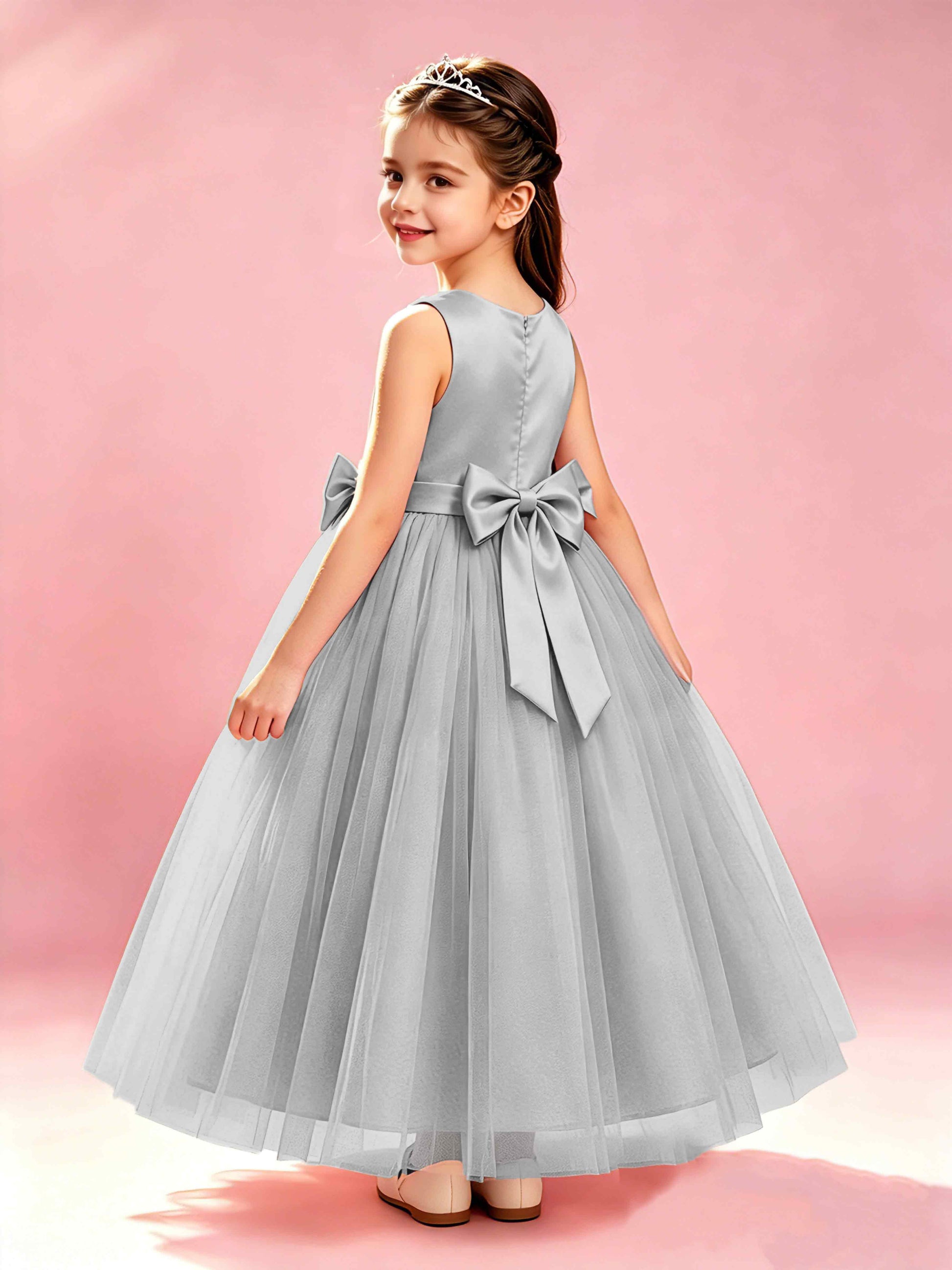 Satin Tulle Flower Girl Dress with Bow Princess Girls Pageant Gowns