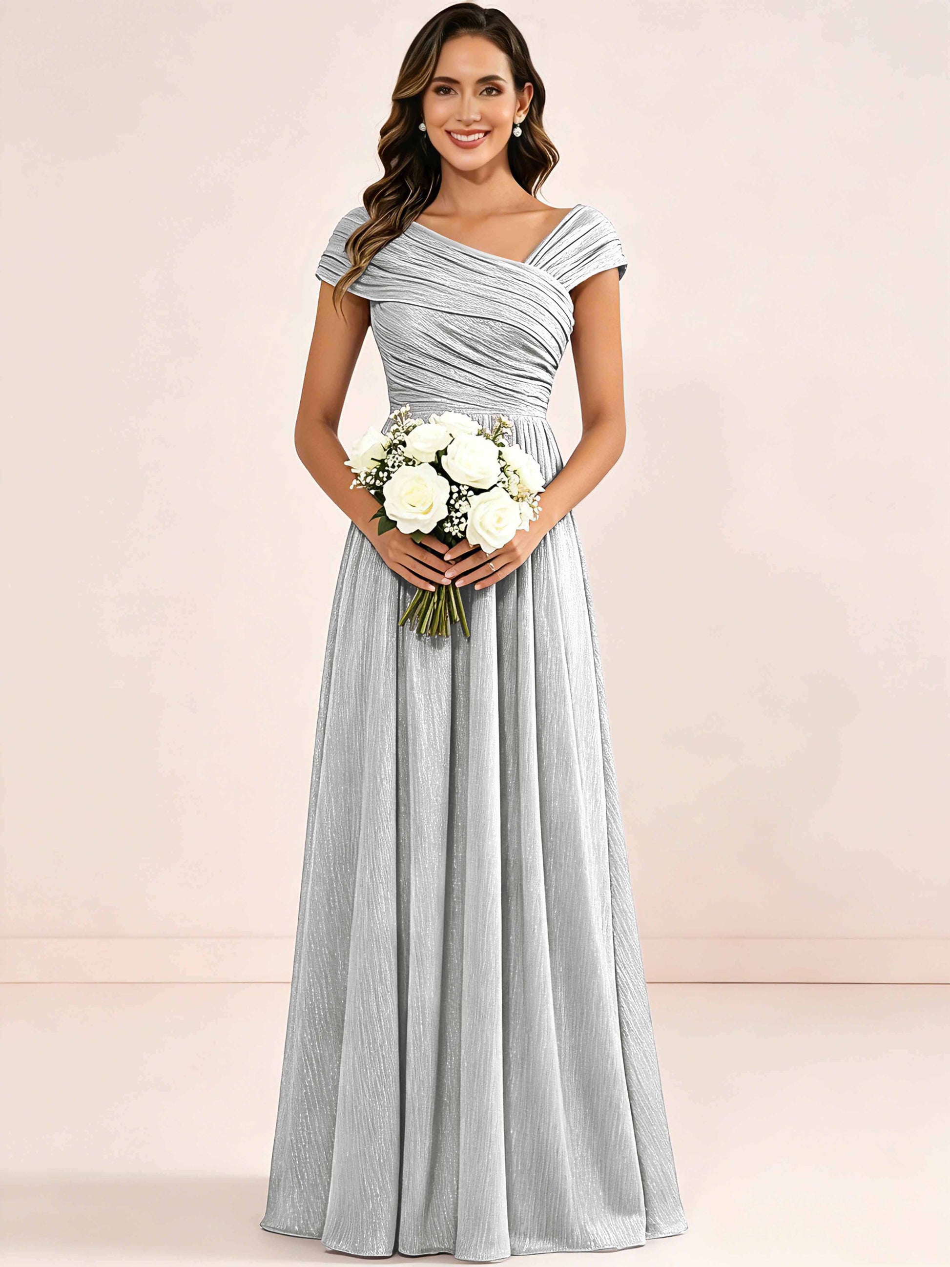 Shiny Striped Chiffon Ruched Cap Sleeve Mother of The Bride Dress