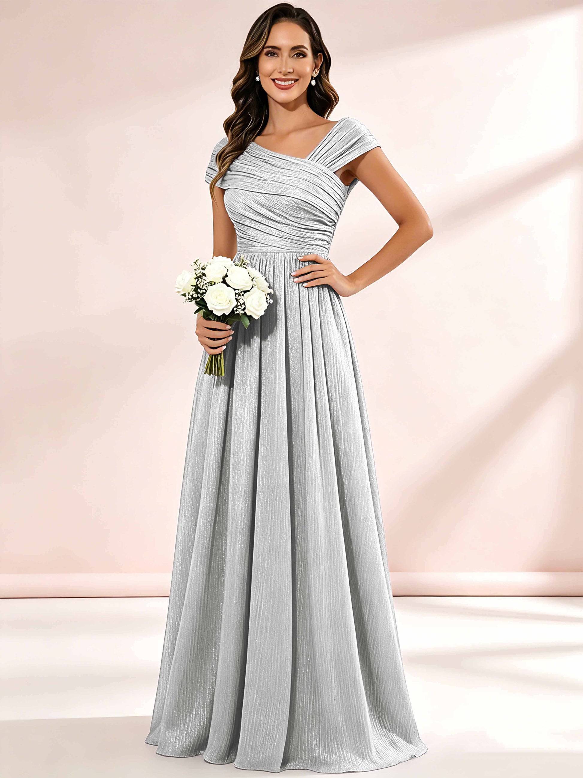 Shiny Striped Chiffon Ruched Cap Sleeve Mother of The Bride Dress