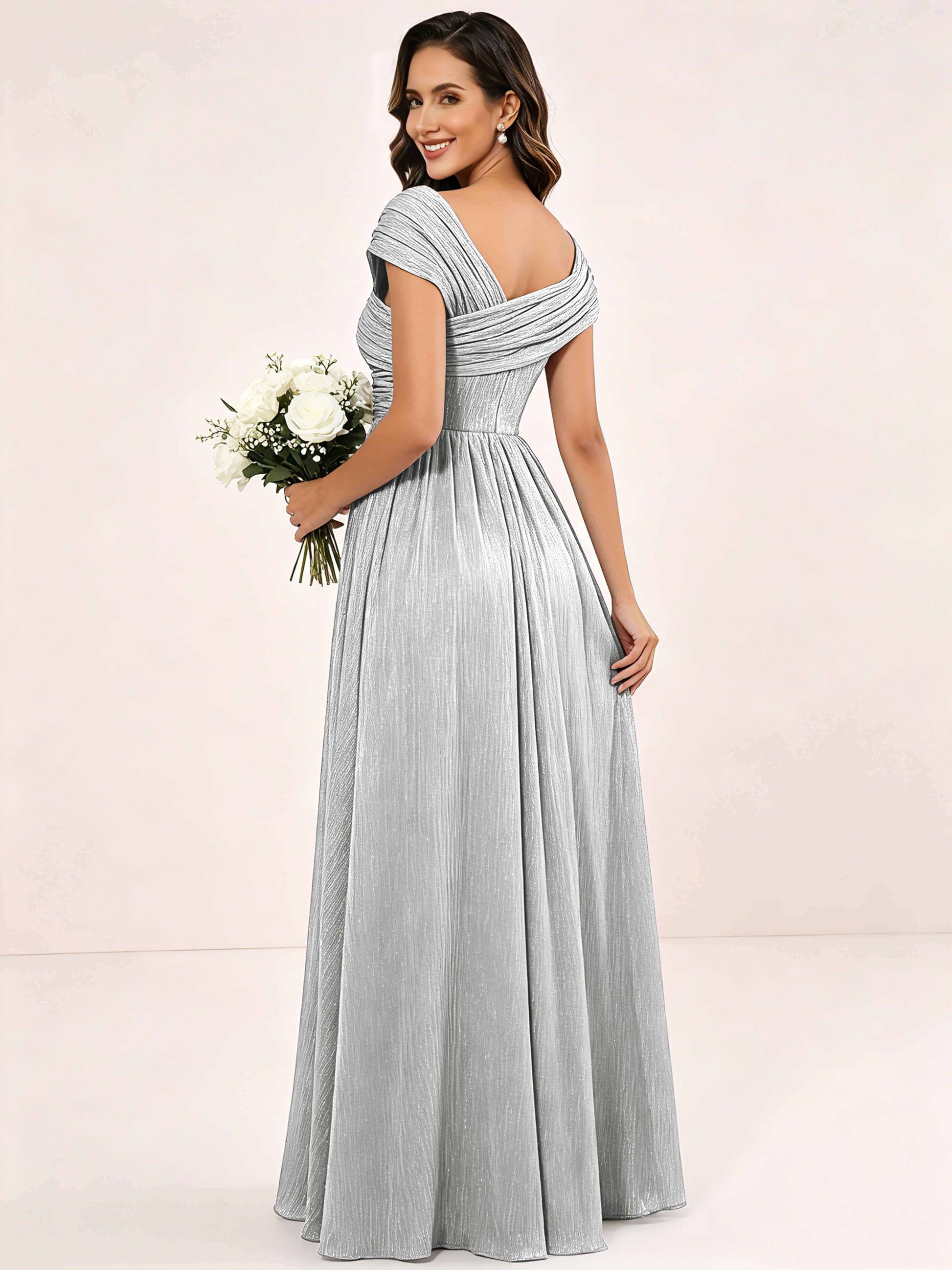 Shiny Striped Chiffon Ruched Cap Sleeve Mother of The Bride Dress