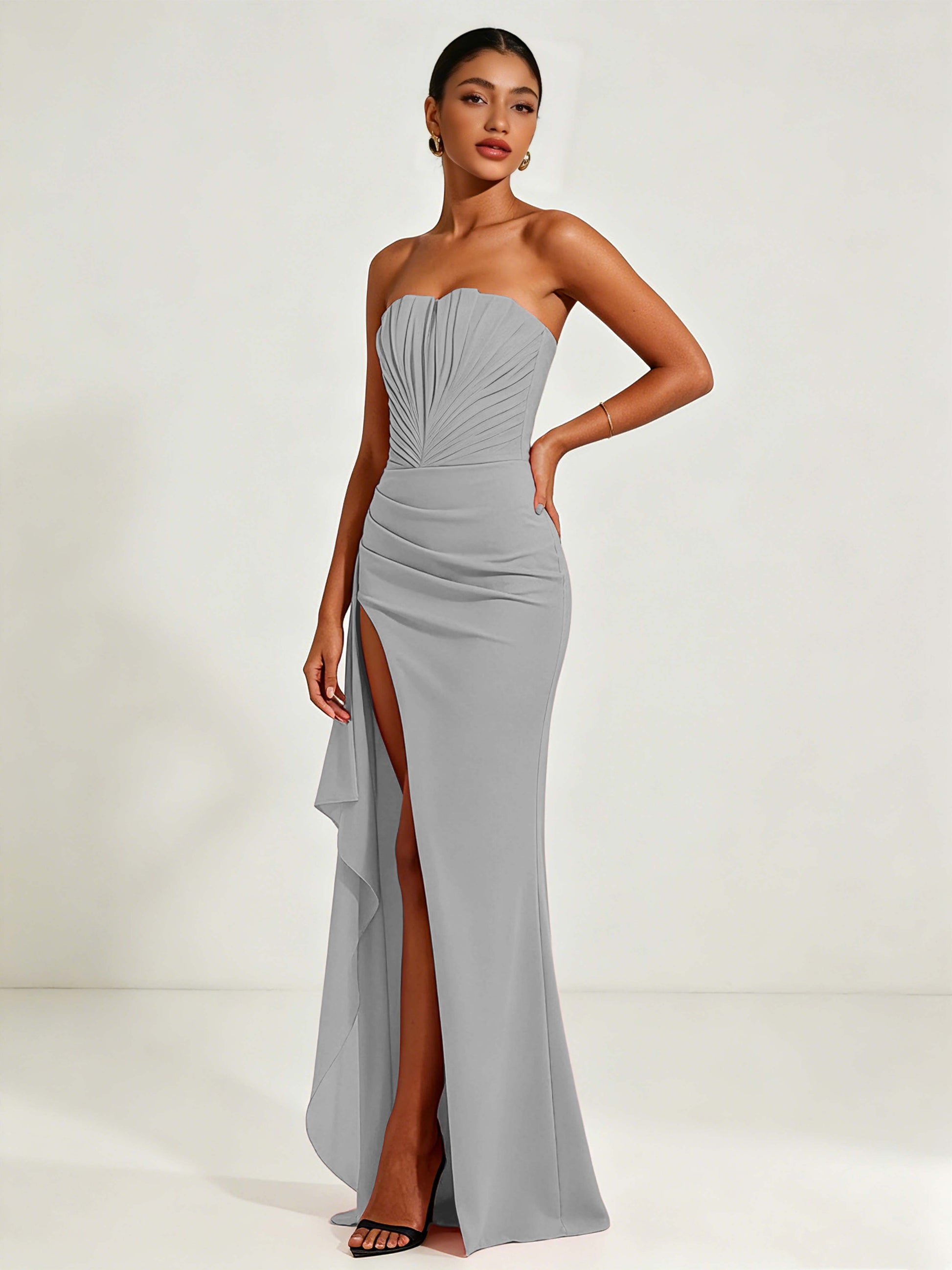 Strapless Ruched Bust Prom Dresses with Ruffle Slit