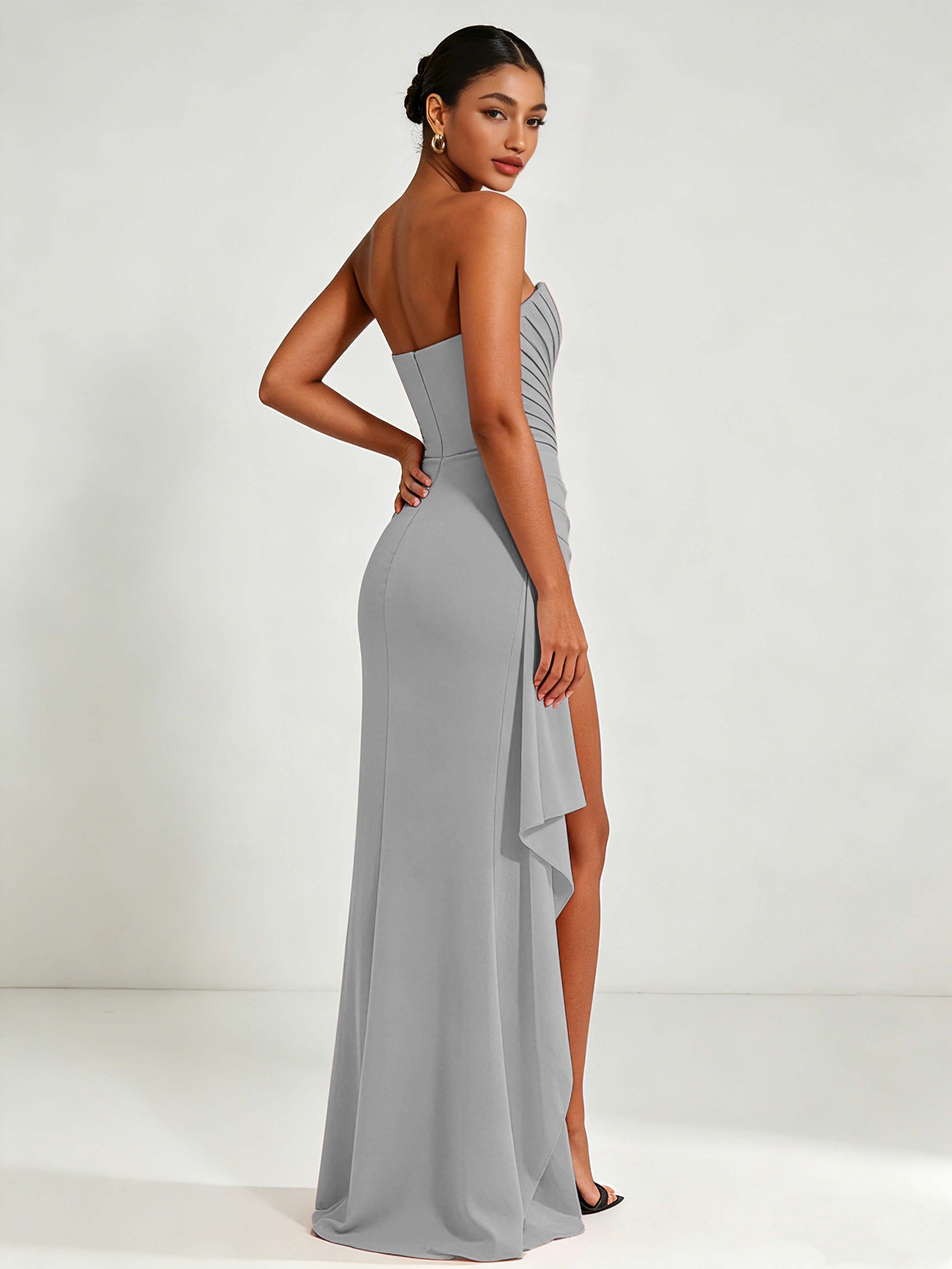 Strapless Ruched Bust Prom Dresses with Ruffle Slit