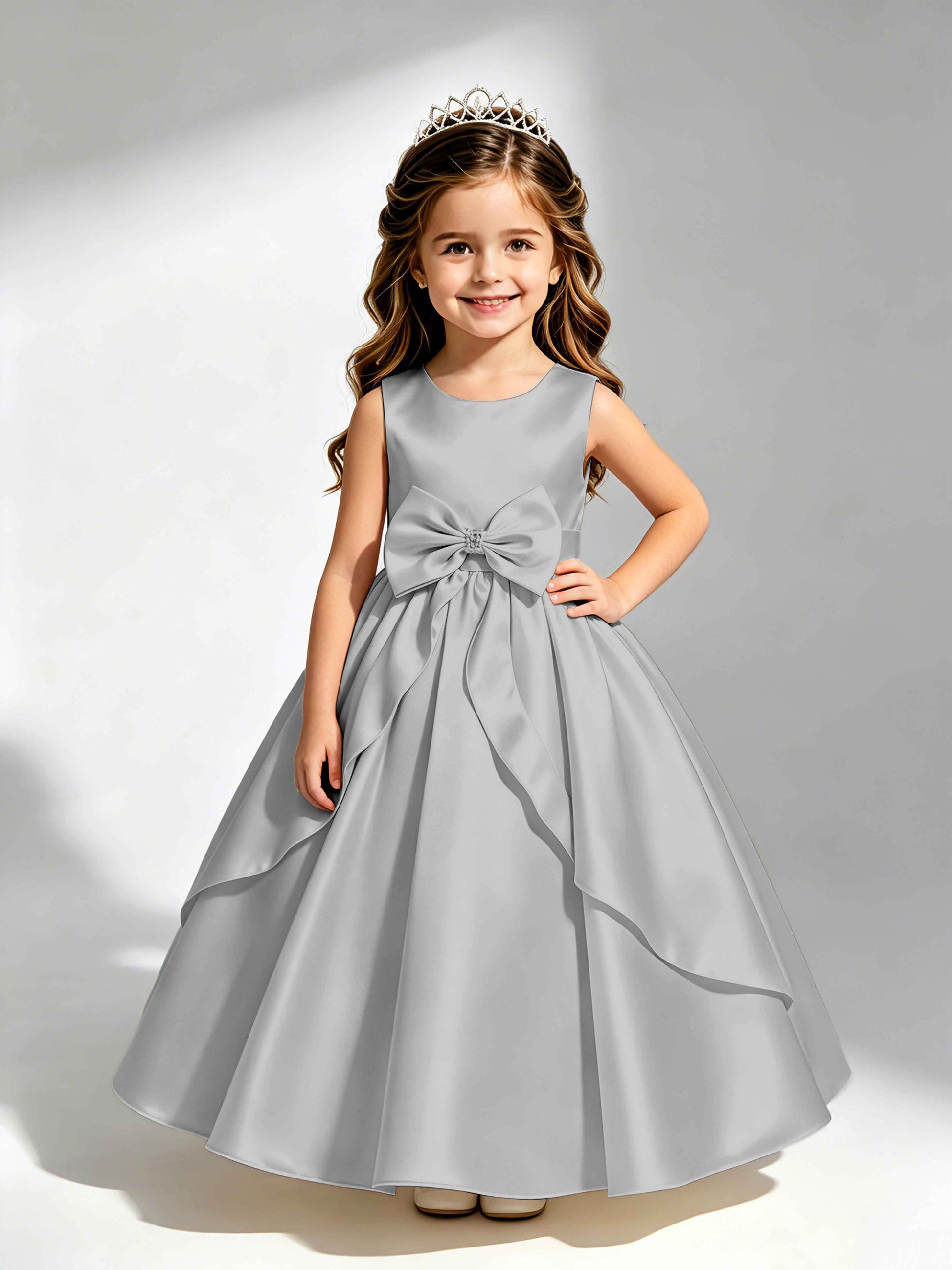 Satin Flower Girl Dress with Bow Princess Girls Pageant Gowns