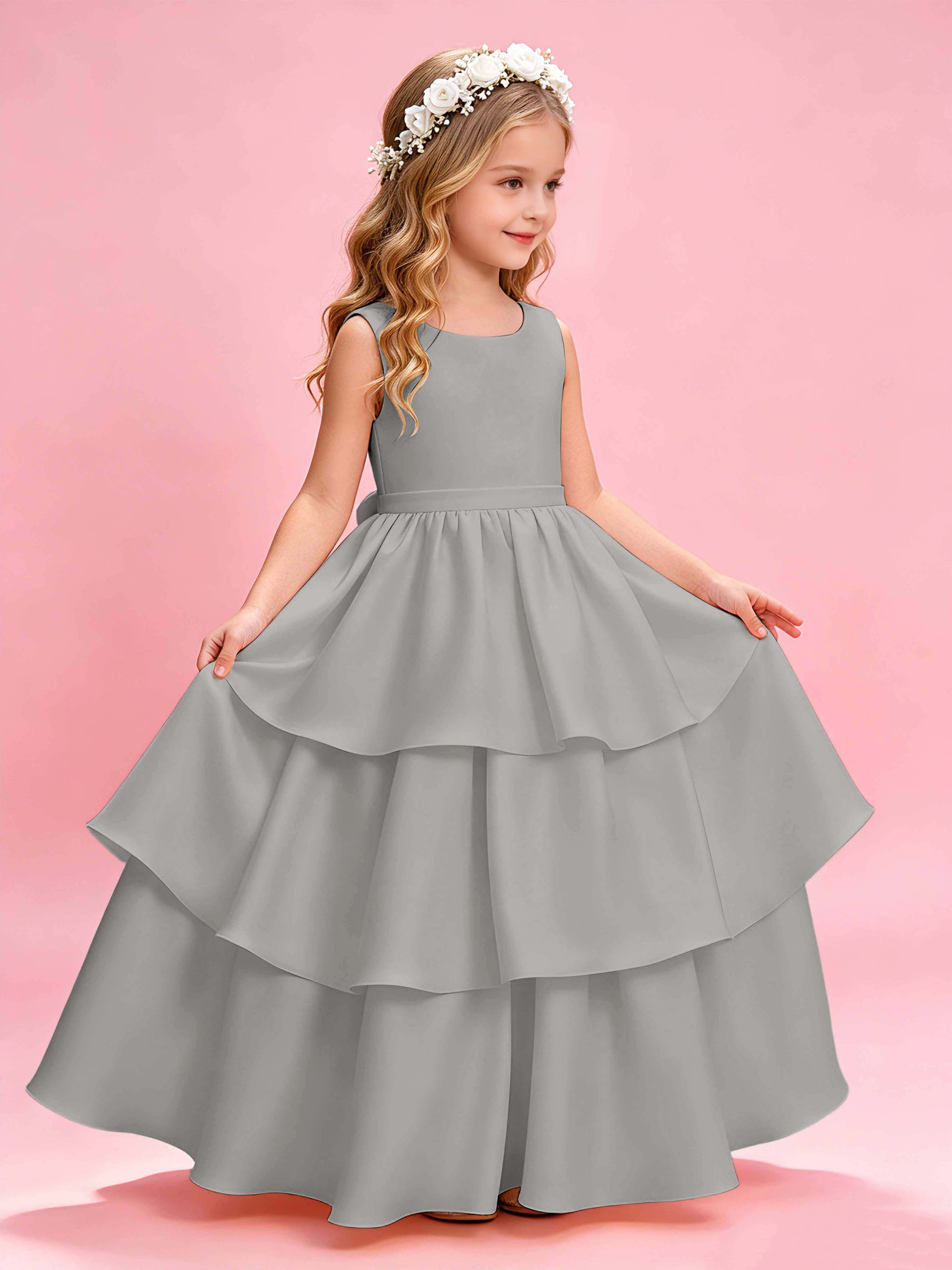 Tiered Flower Girl Dress with Bow Princess Girls Pageant Gowns