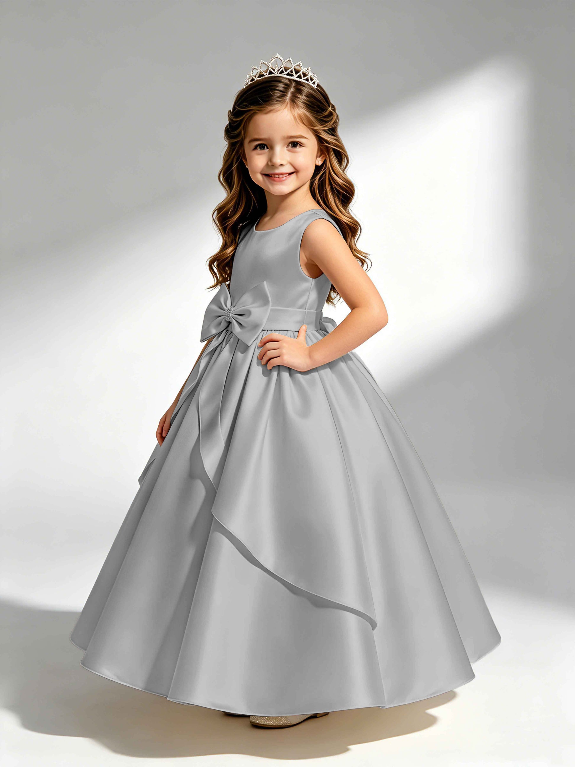 Satin Flower Girl Dress with Bow Princess Girls Pageant Gowns