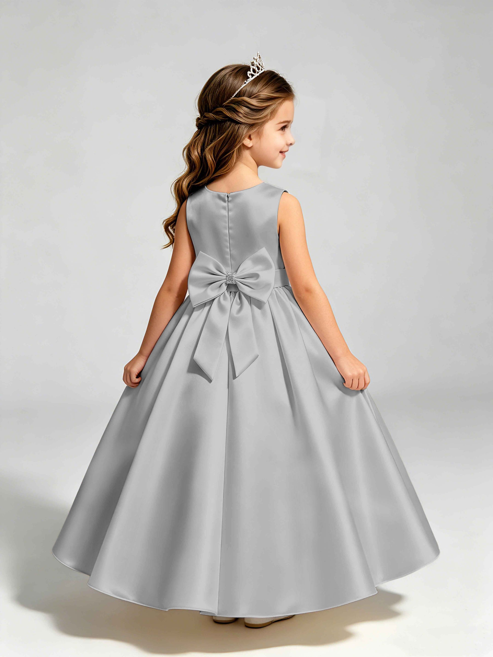Satin Flower Girl Dress with Bow Princess Girls Pageant Gowns