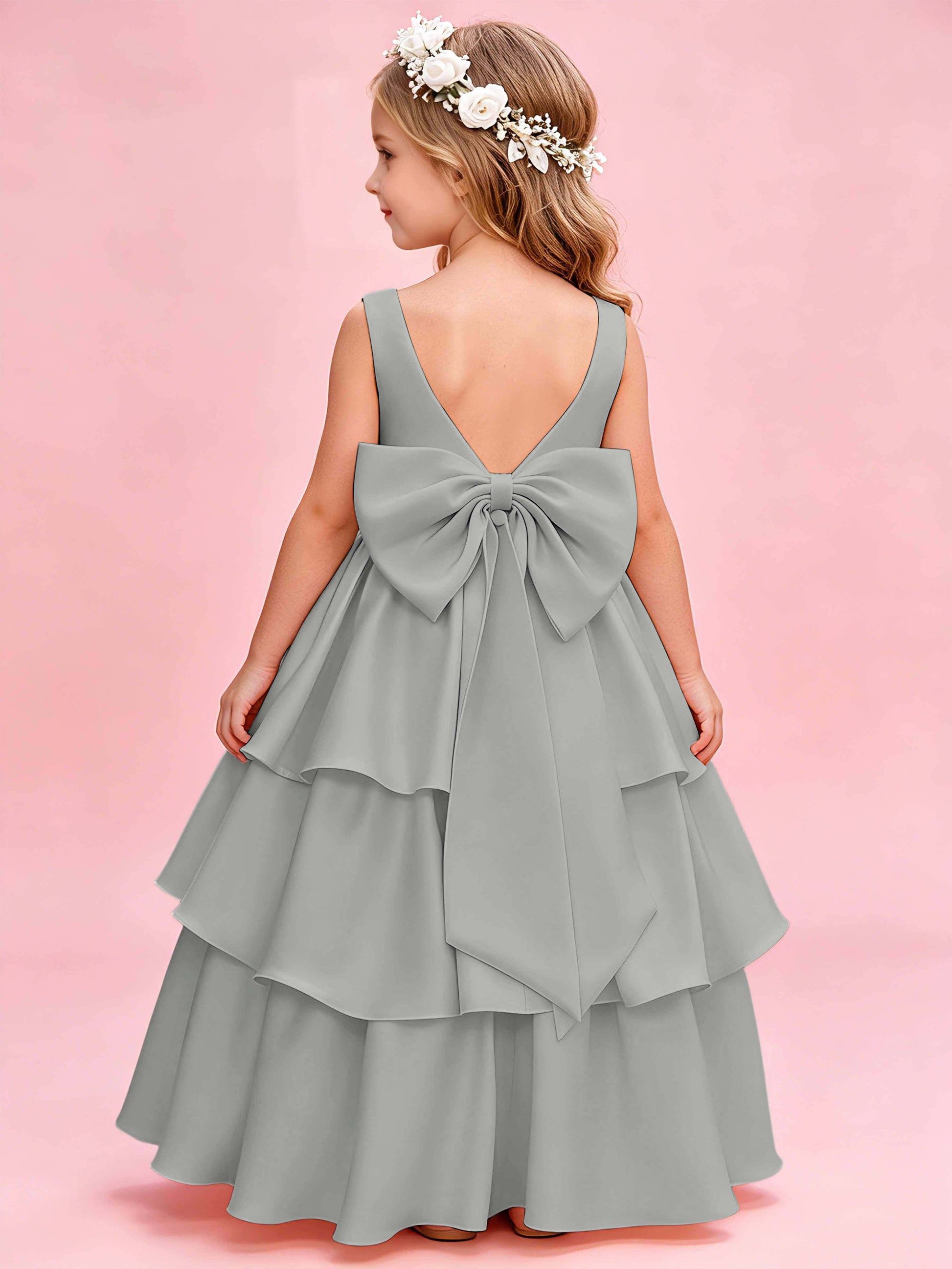 Tiered Flower Girl Dress with Bow Princess Girls Pageant Gowns