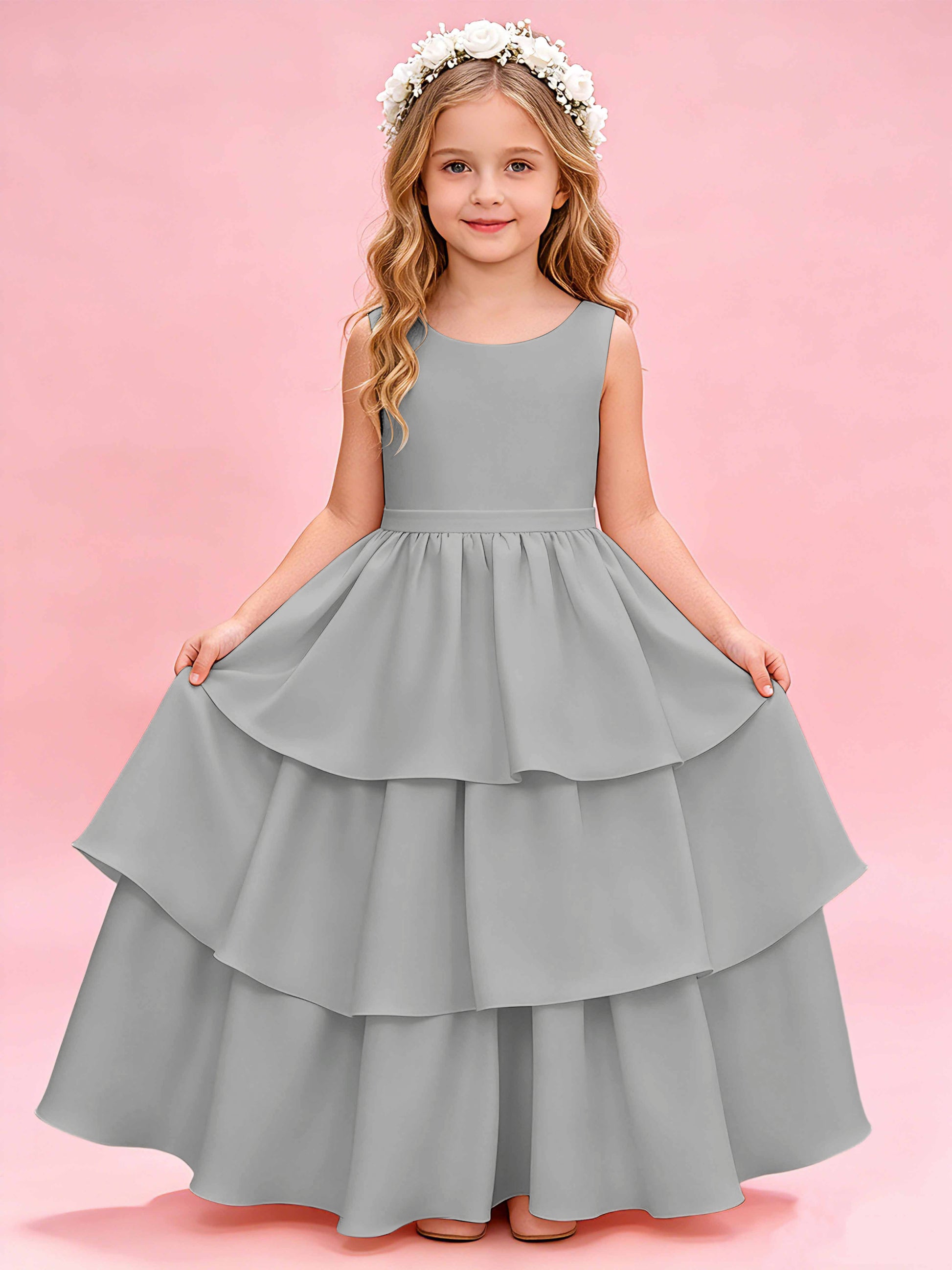 Tiered Flower Girl Dress with Bow Princess Girls Pageant Gowns