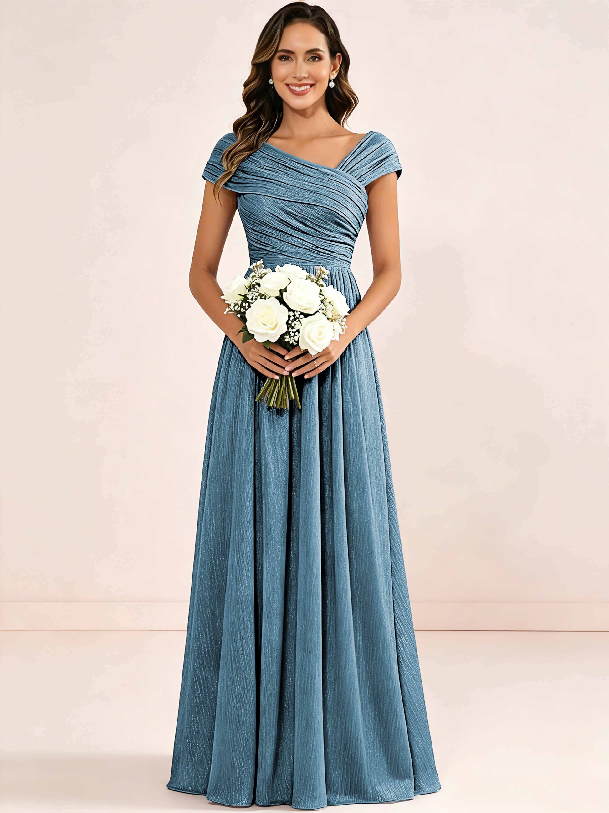 Shiny Striped Chiffon Ruched Cap Sleeve Mother of The Bride Dress