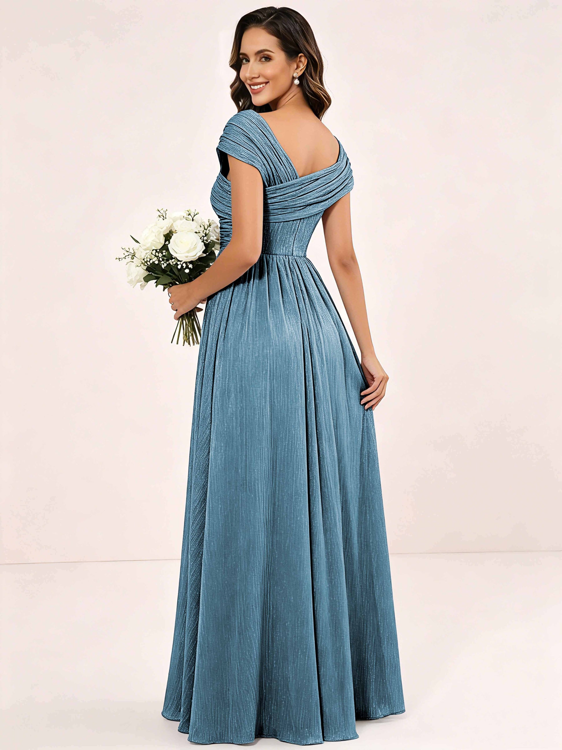 Shiny Striped Chiffon Ruched Cap Sleeve Mother of The Bride Dress