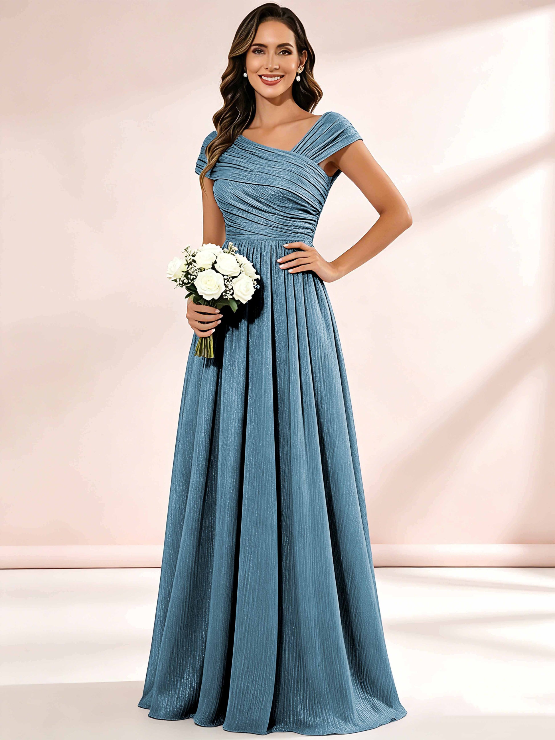 Shiny Striped Chiffon Ruched Cap Sleeve Mother of The Bride Dress