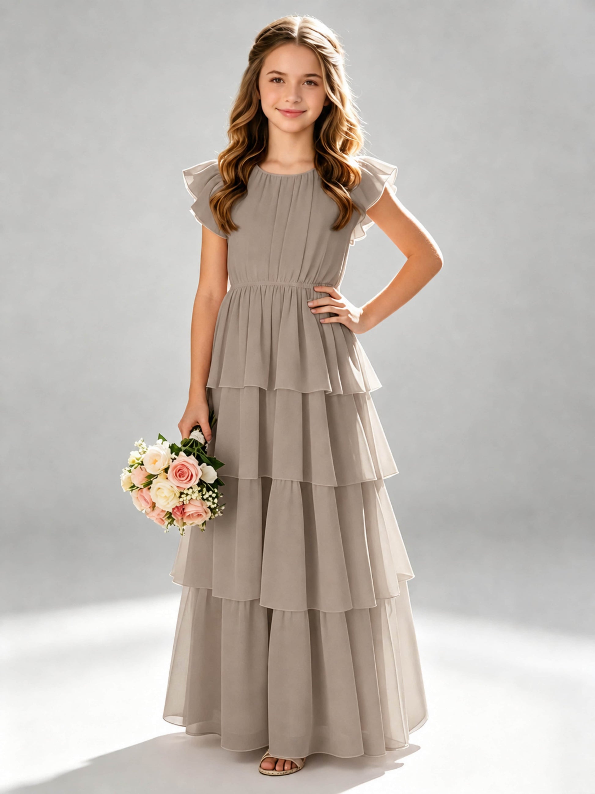 Chiffon Tiered Pleated Long Junior Bridesmaid Dresses
