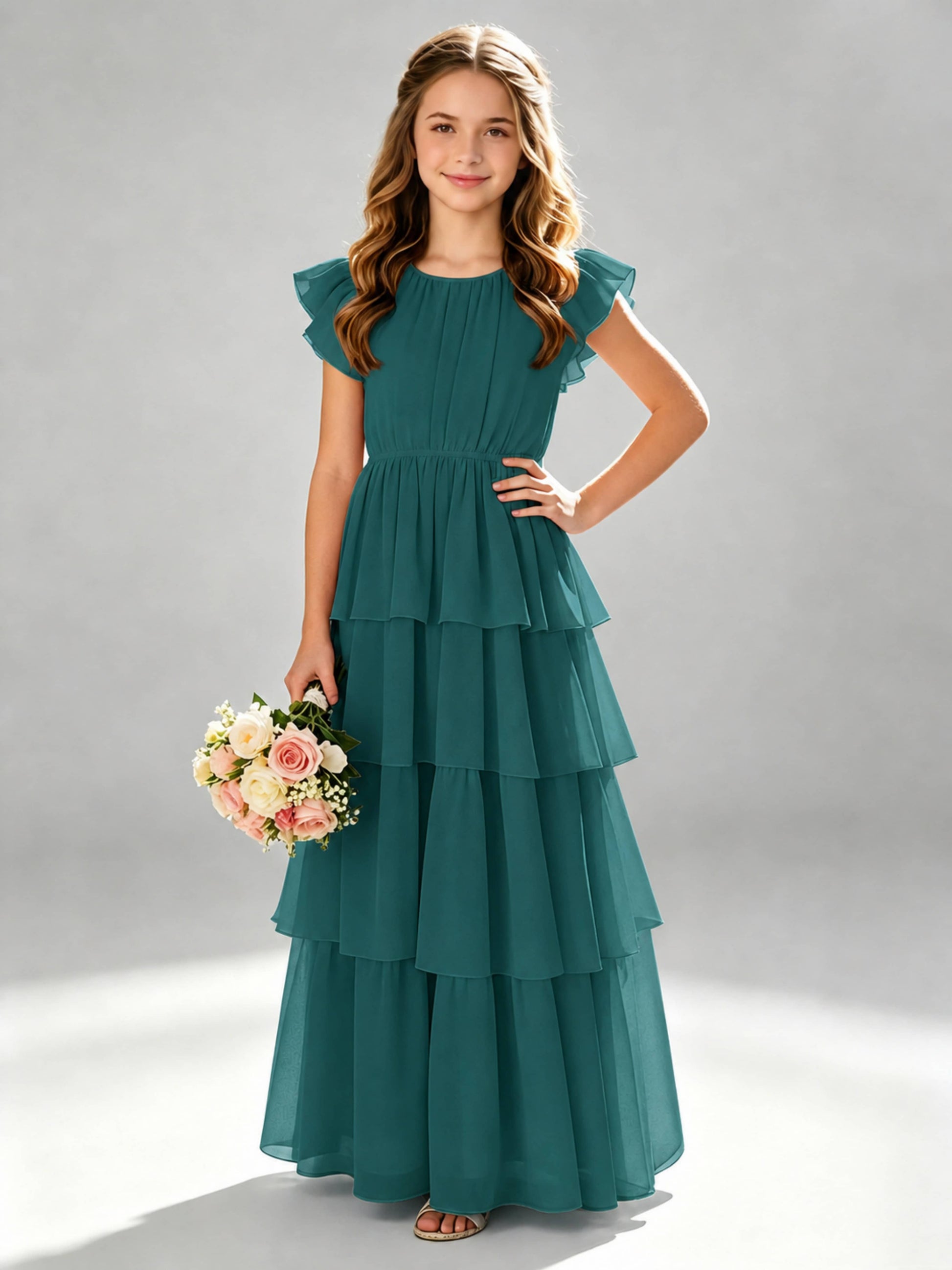 Chiffon Tiered Pleated Long Junior Bridesmaid Dresses