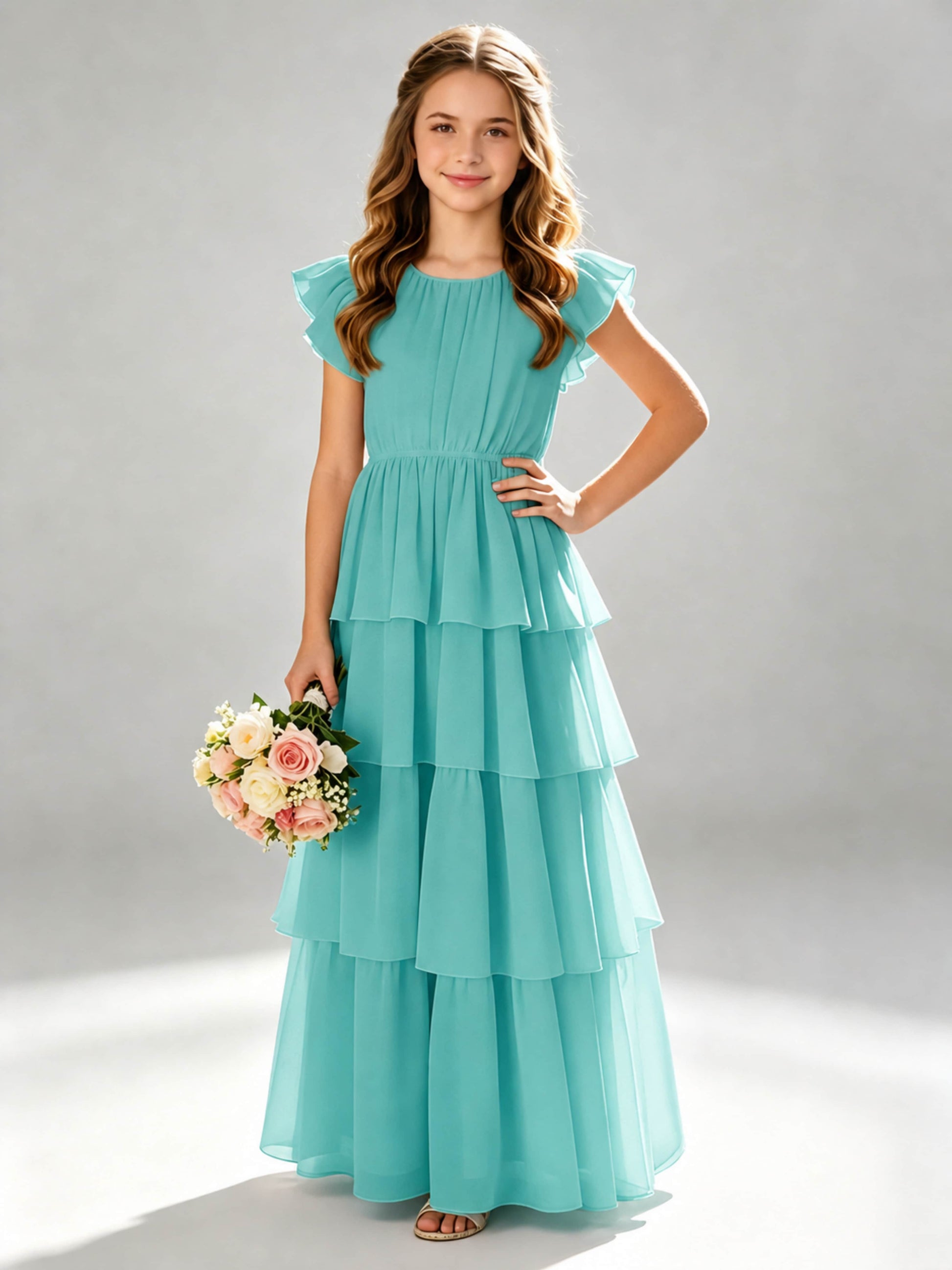 Chiffon Tiered Pleated Long Junior Bridesmaid Dresses